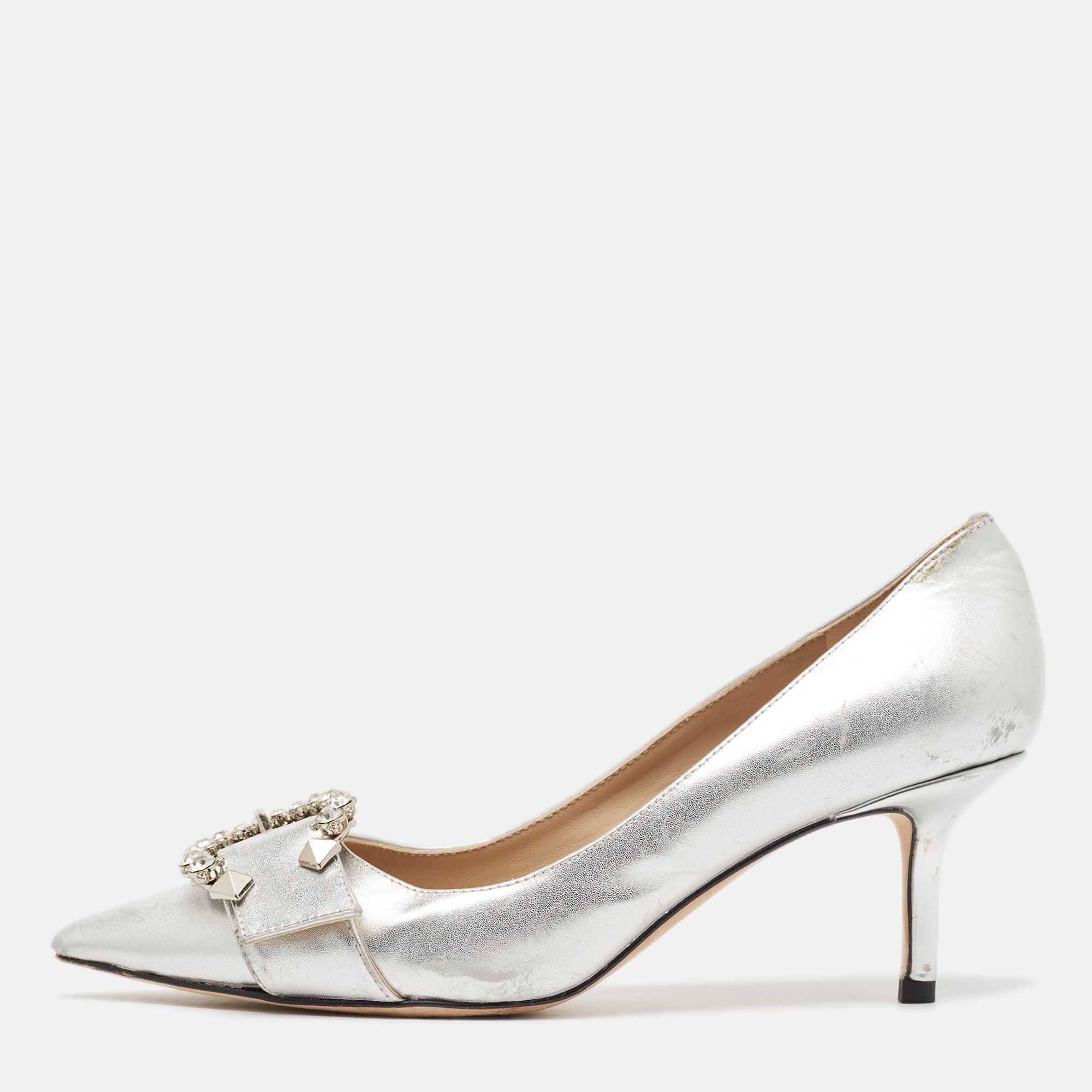 Jimmy choo silver leather crystal embellished pointed toe pumps size 37