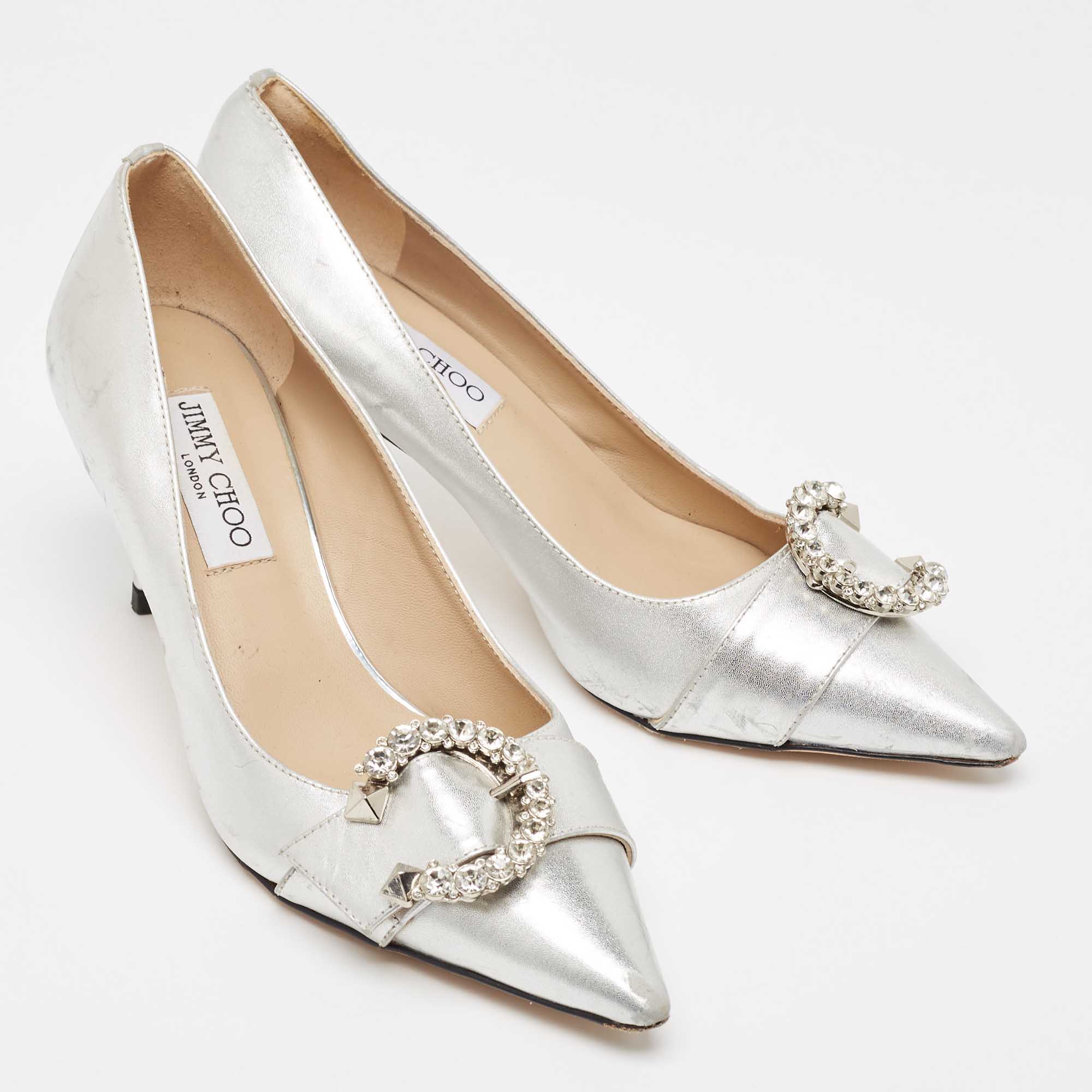 Jimmy Choo Silver Leather Crystal Embellished Pointed Toe Pumps Size 37