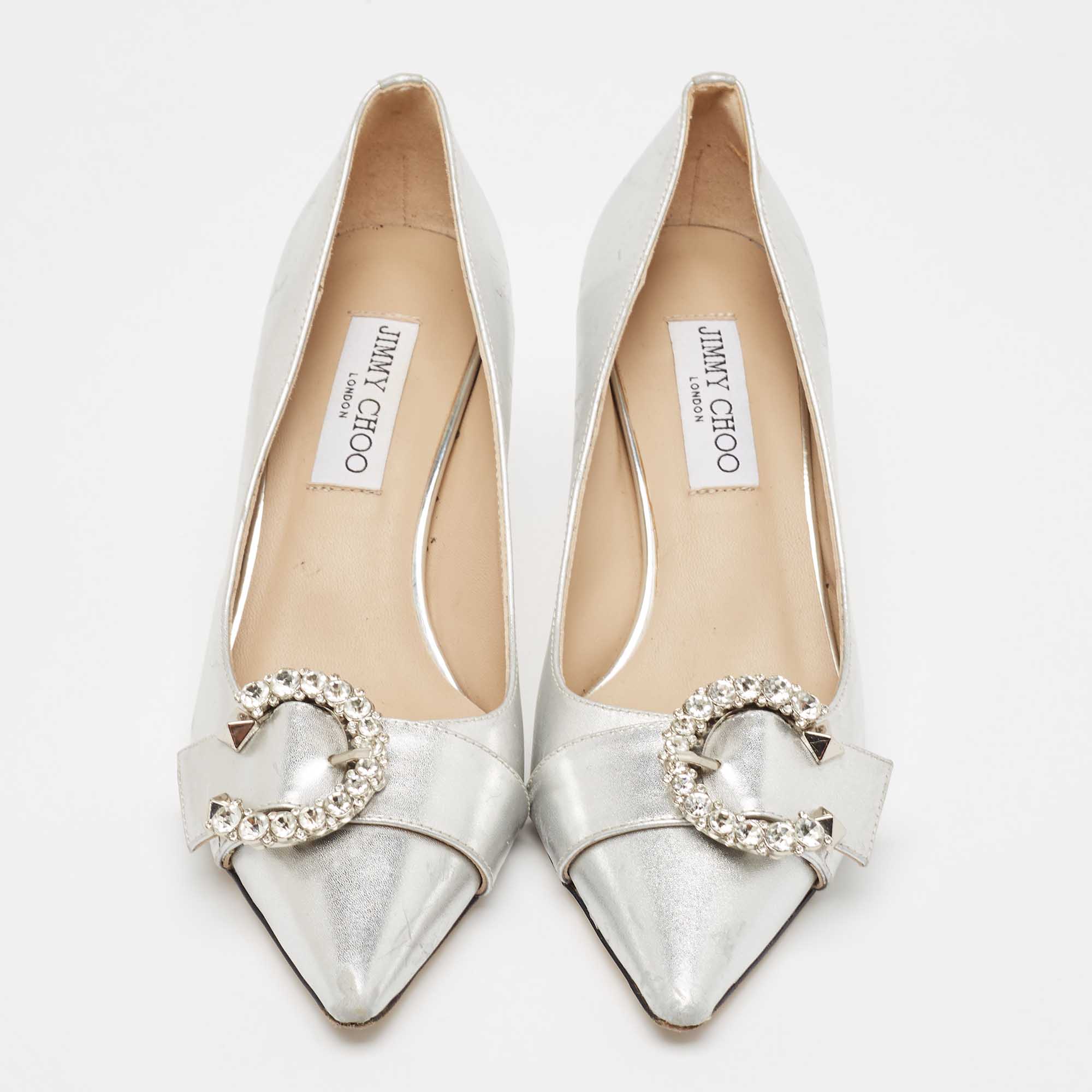 Jimmy Choo Silver Leather Crystal Embellished Pointed Toe Pumps Size 37