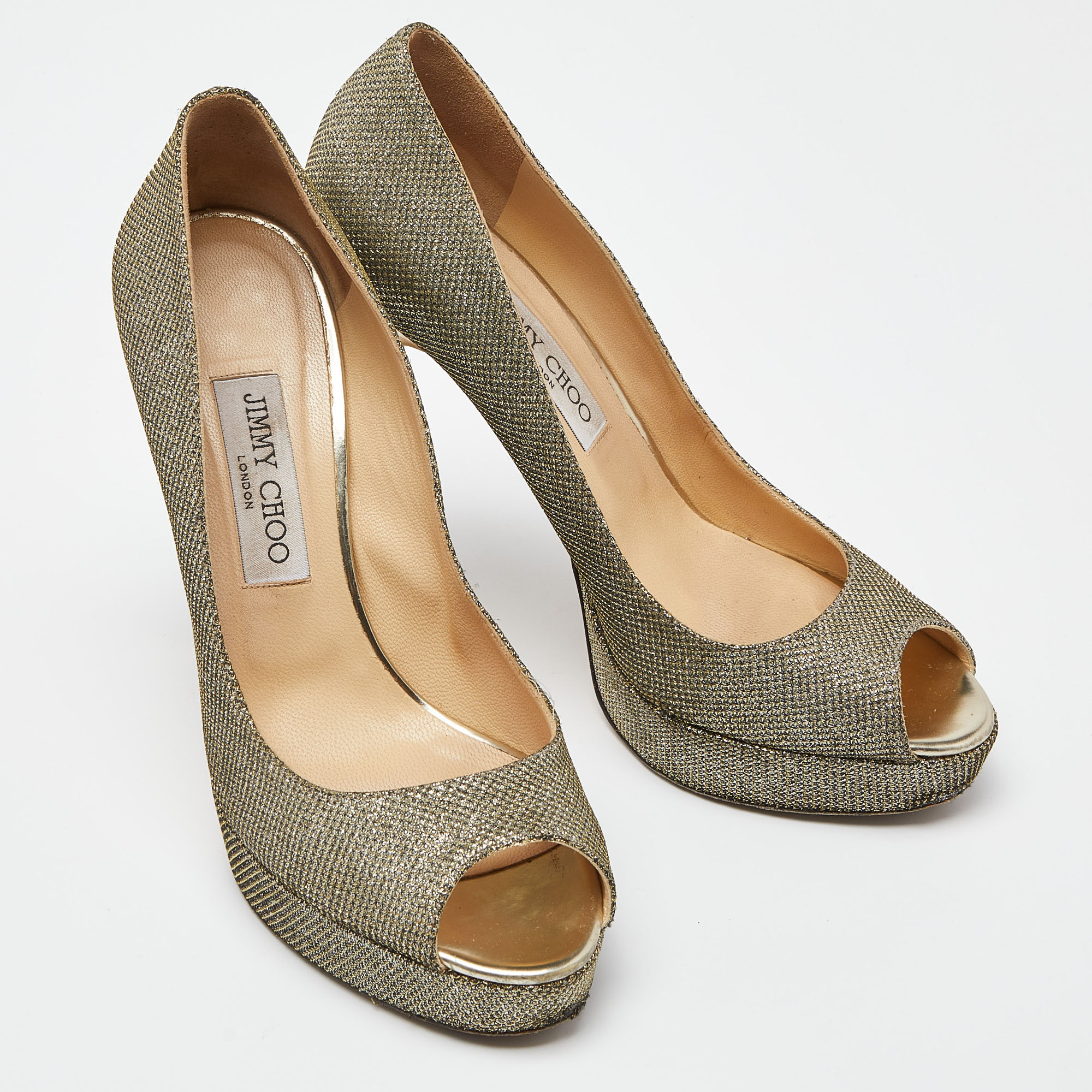 Jimmy Choo Gold/Silver Glitter Fabric Dahlia Platform Pumps Size 39.5