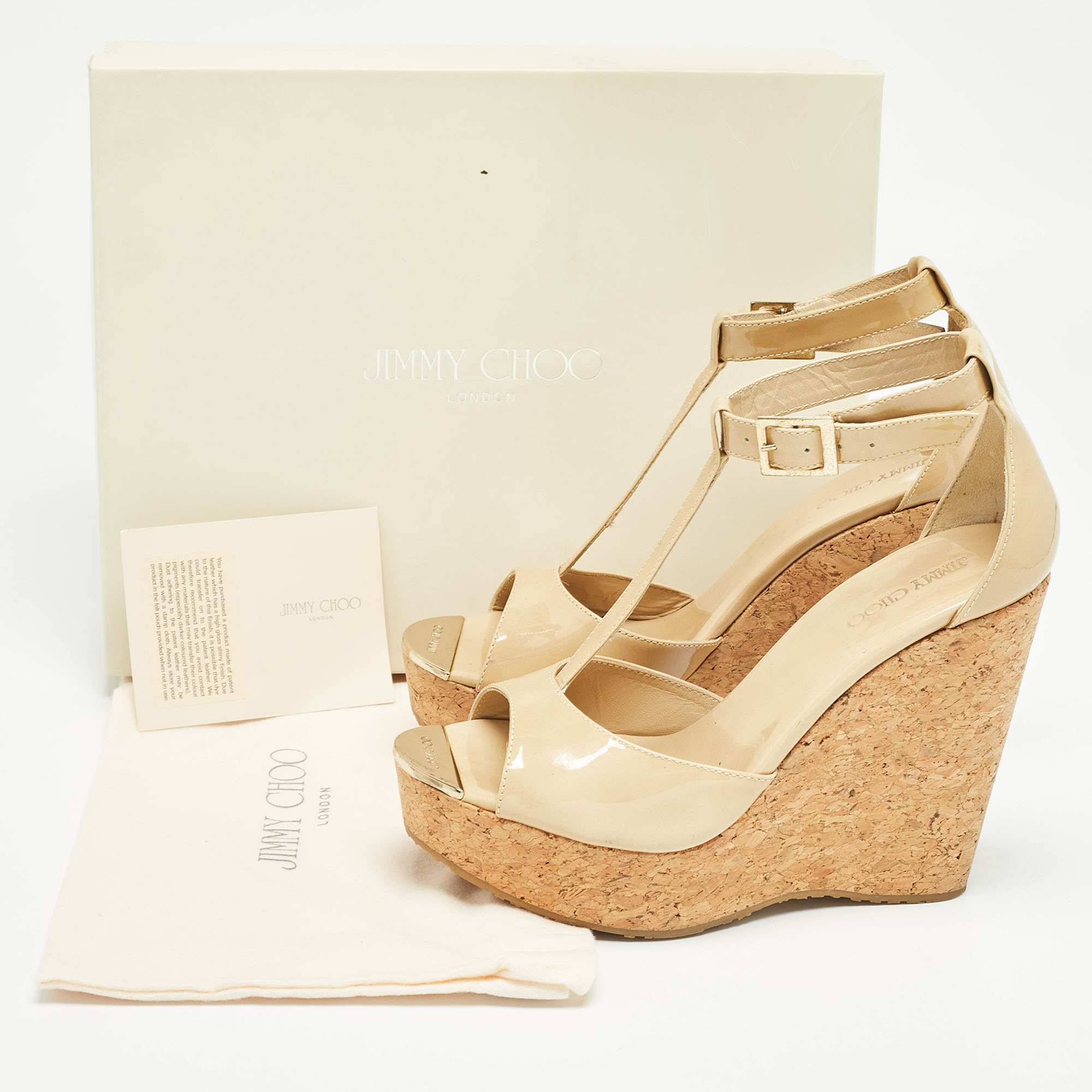 Jimmy Choo Beige Patent Leather Pela Cork Wedge Platform Ankle Strap Sandals Size 38