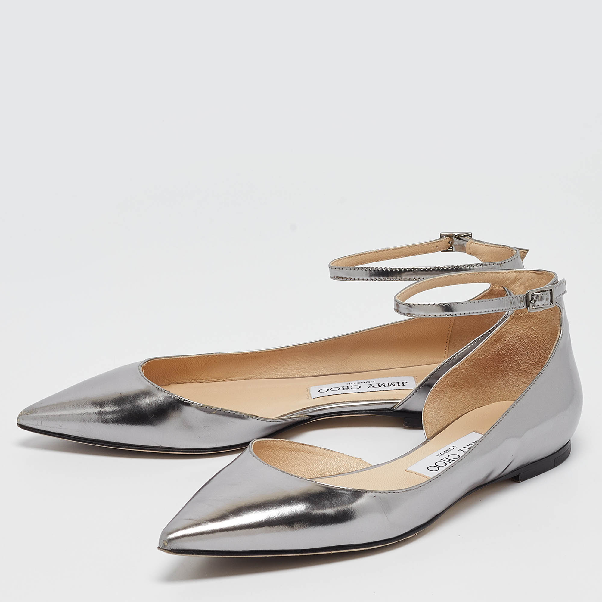 Jimmy Choo Metallic Grey Leather Lucy Ankle Strap Flats Size 37