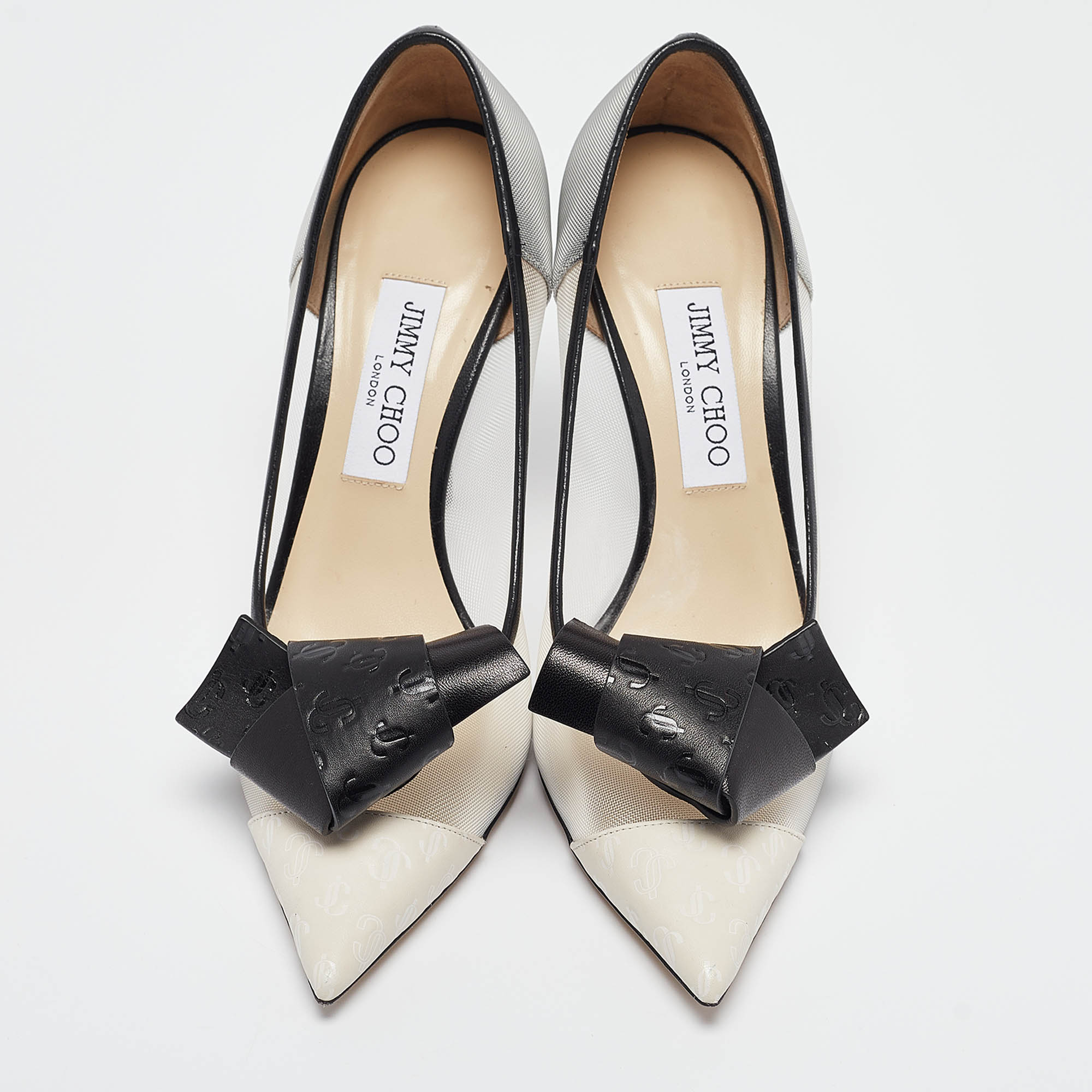 Jimmy Choo Black/Grey Mesh And Leather Bow Pointed Toe Pumps Size 39.5