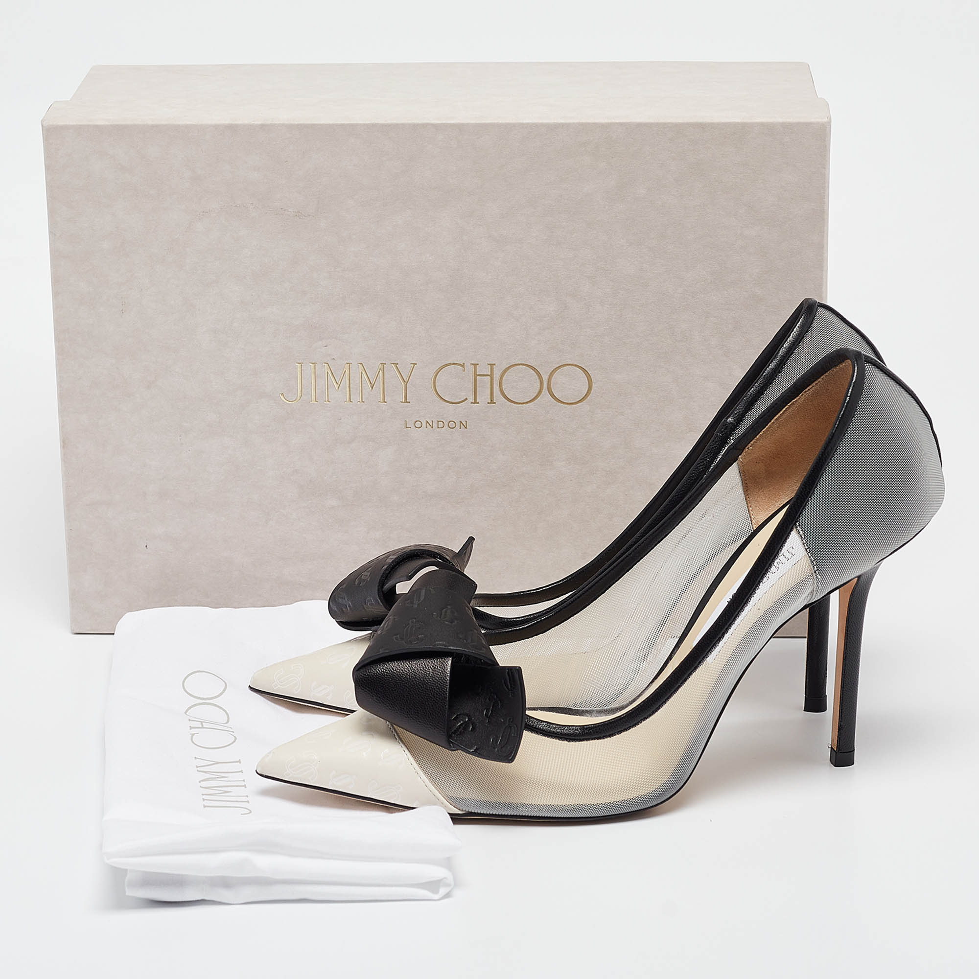 Jimmy Choo Black/Grey Mesh And Leather Bow Pointed Toe Pumps Size 39.5