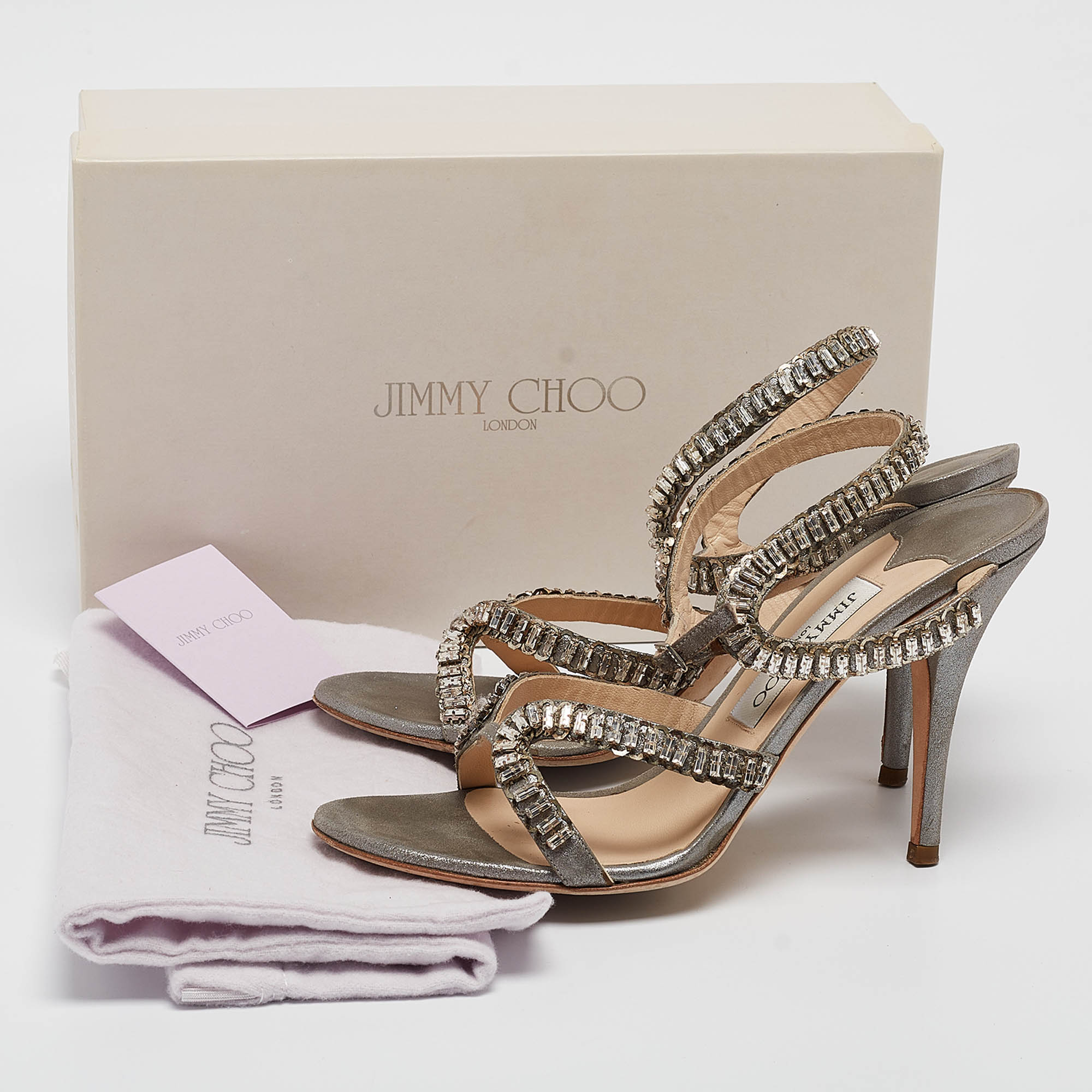 Jimmy Choo Metallic Grey Textured Suede Crystal Embellished Angel Sandals Size 39