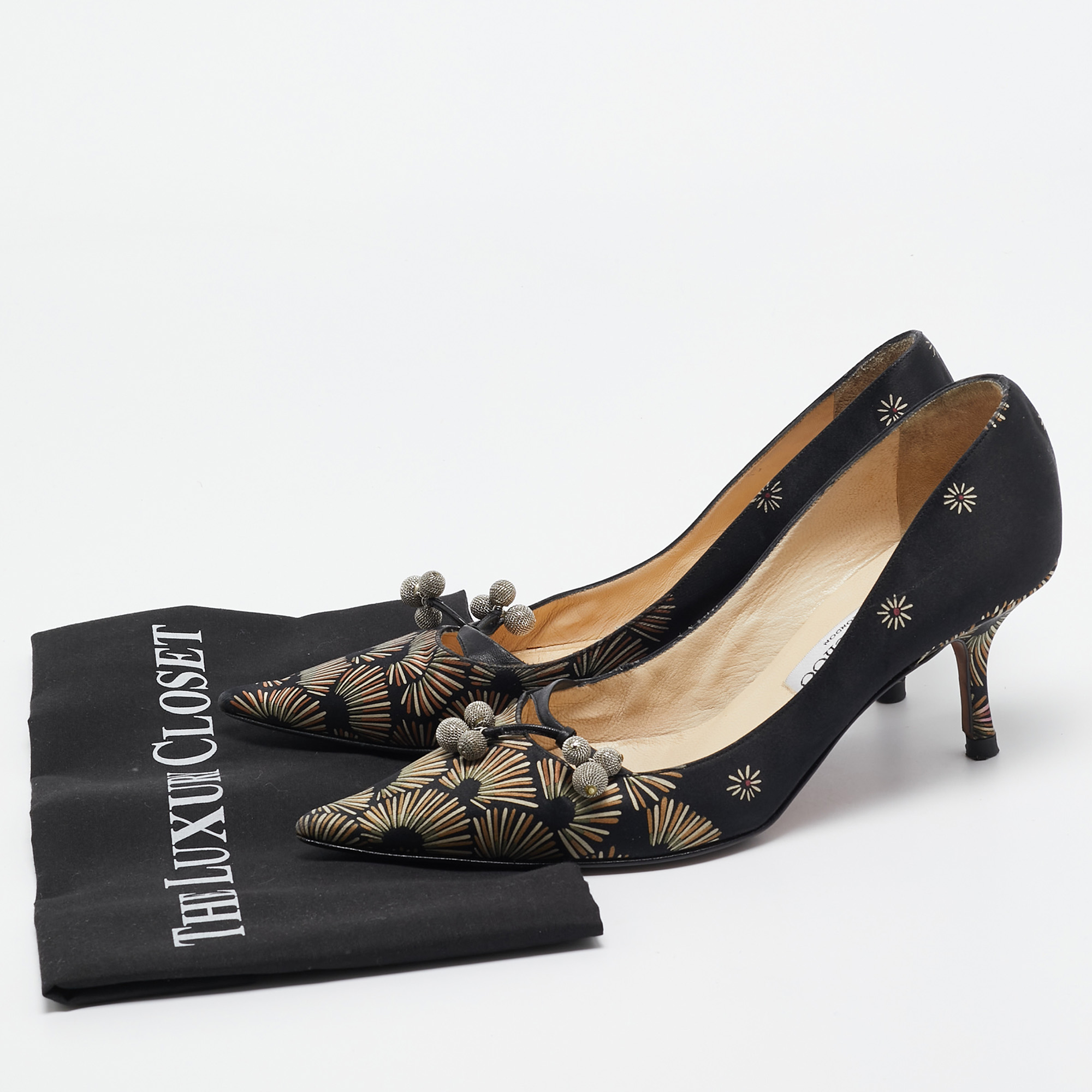 Jimmy Choo Black Printed Satin Pointed Toe Pumps Size 38