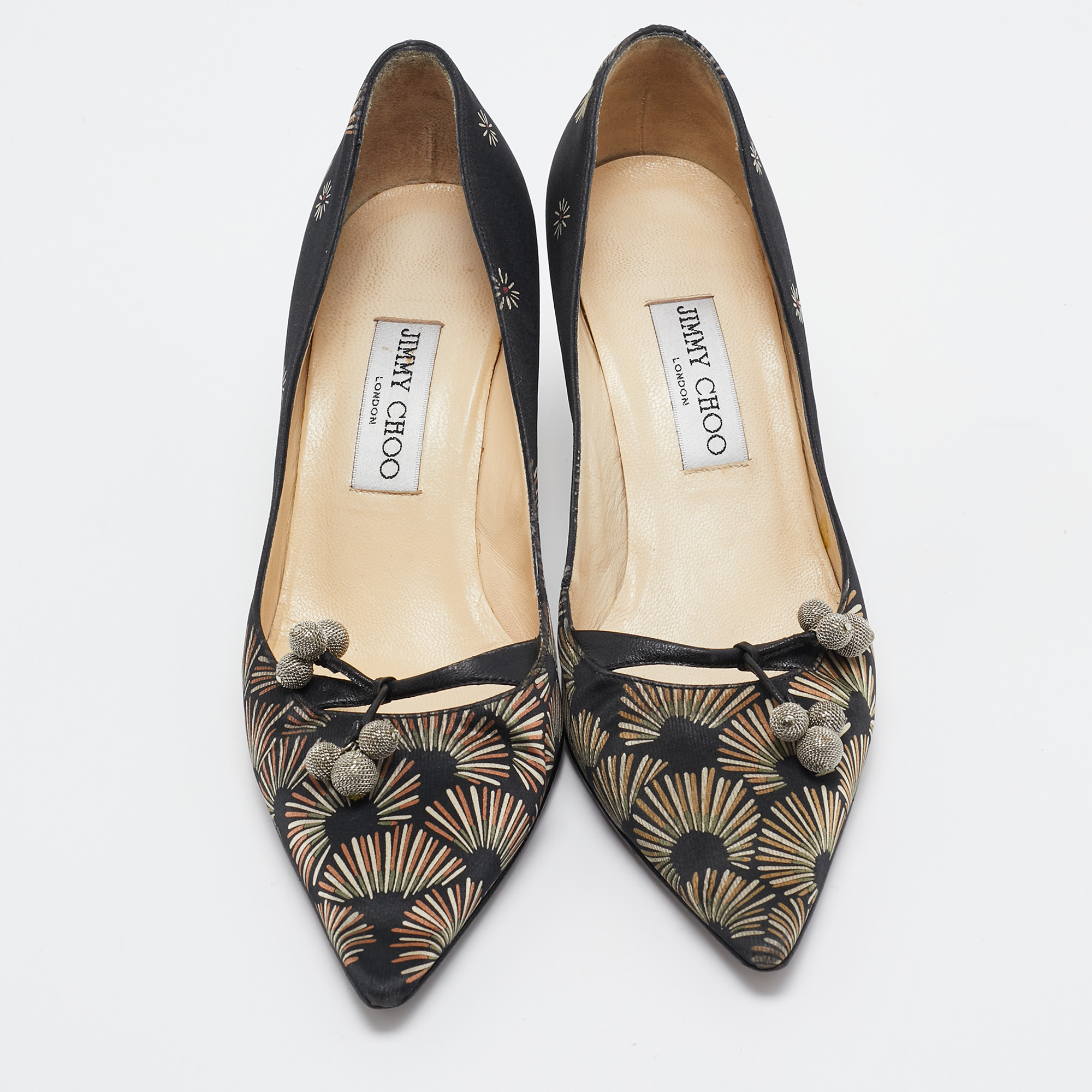 Jimmy Choo Black Printed Satin Pointed Toe Pumps Size 38