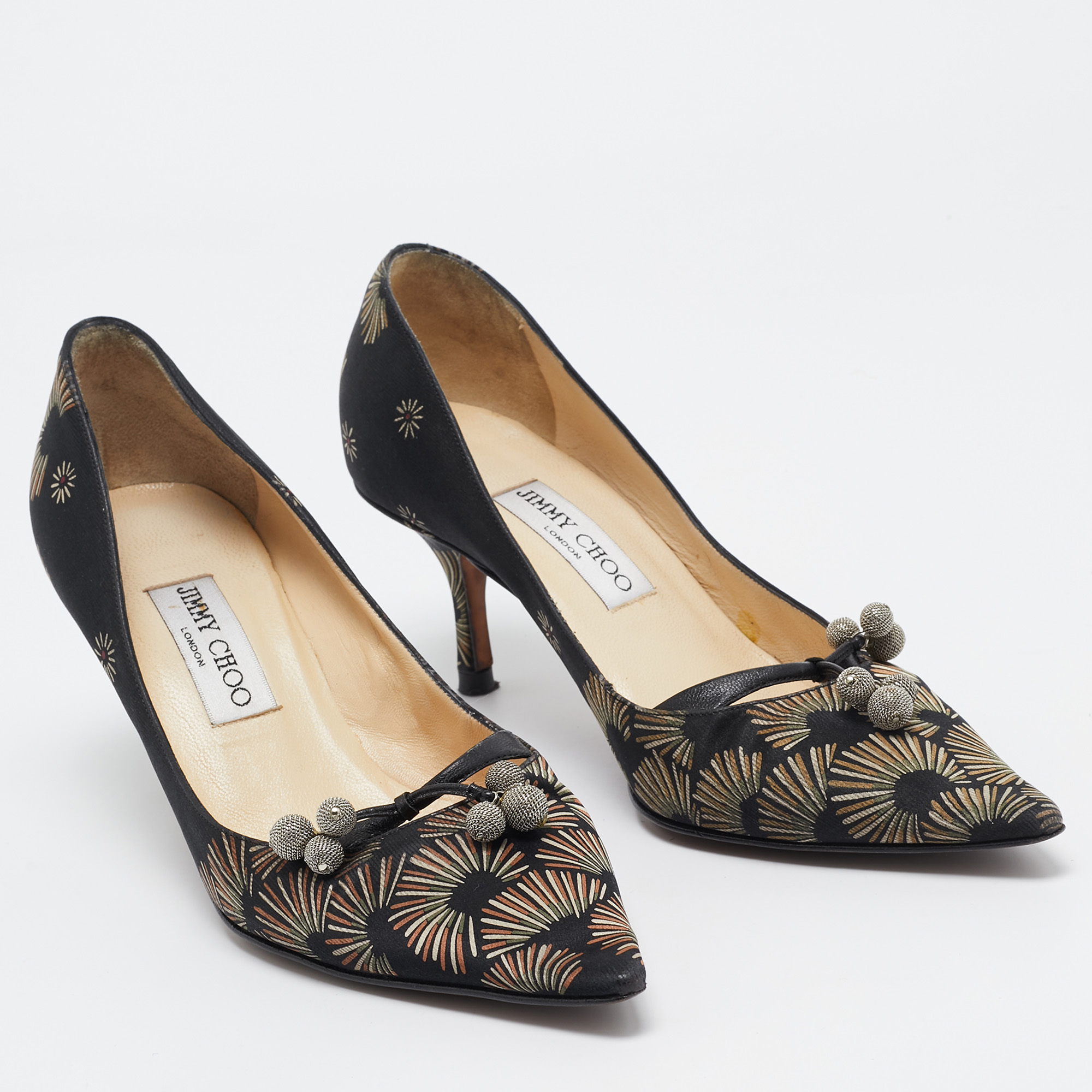 Jimmy Choo Black Printed Satin Pointed Toe Pumps Size 38