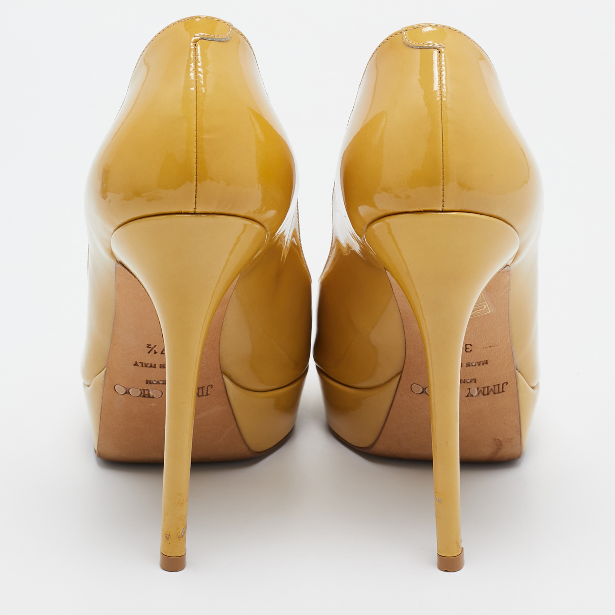 Jimmy Choo Yellow Patent Leather Crown Platform Peep Toe Pumps Size 37.5