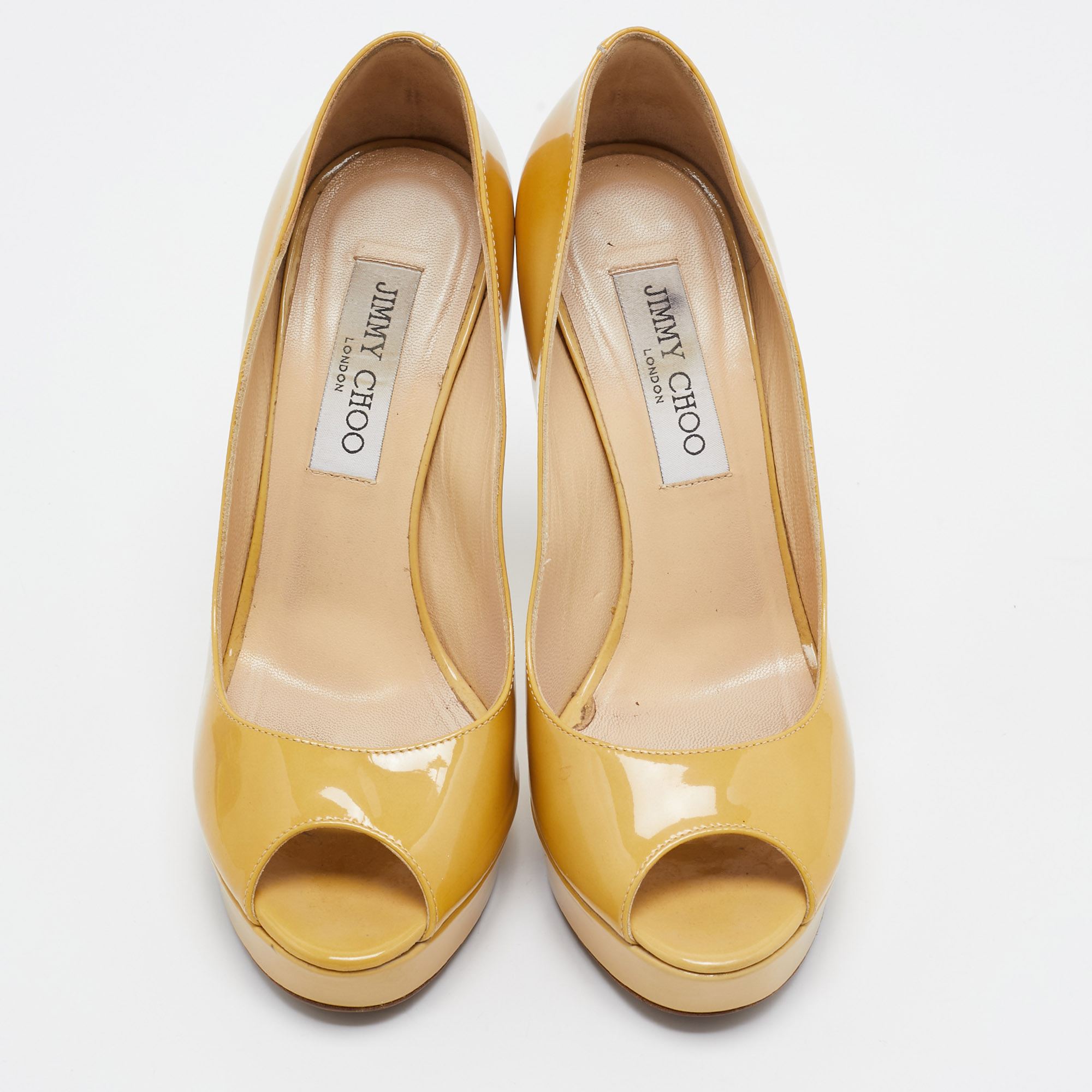 Jimmy Choo Yellow Patent Leather Crown Platform Peep Toe Pumps Size 37.5