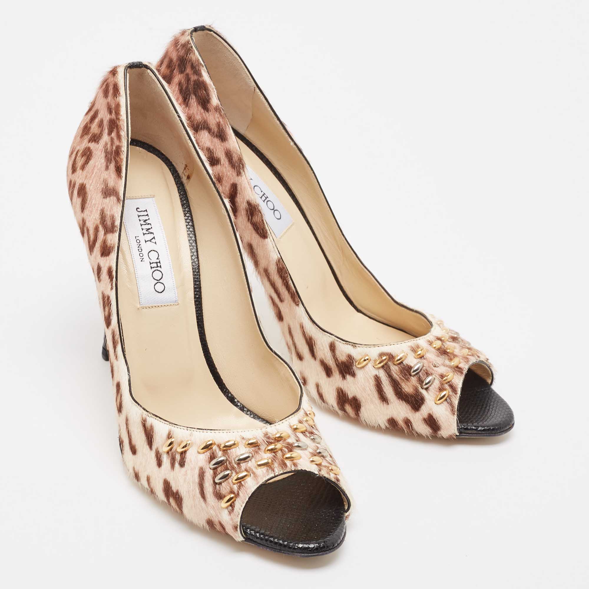 Jimmy Choo Tricolor Animal Print Calf Hair Studded Open Toe Pumps Size 39.5