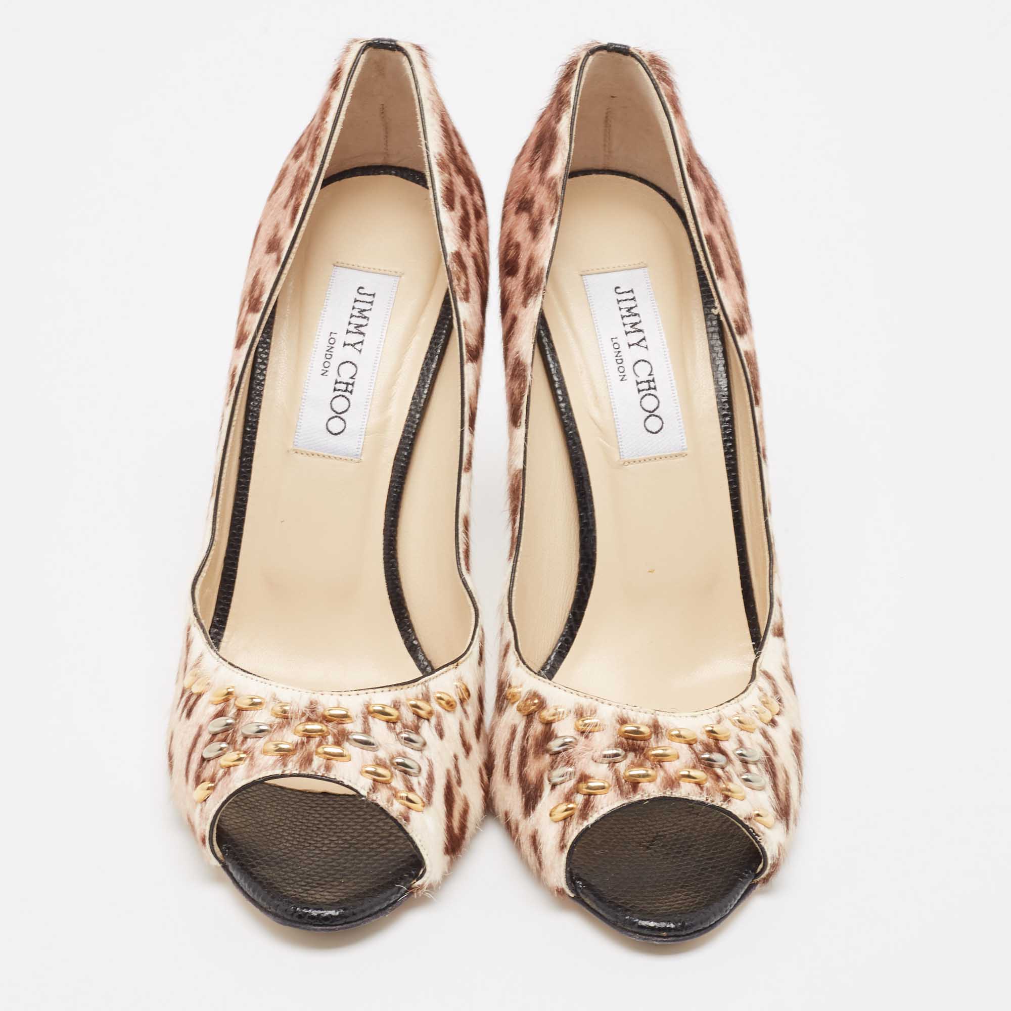 Jimmy Choo Tricolor Animal Print Calf Hair Studded Open Toe Pumps Size 39.5