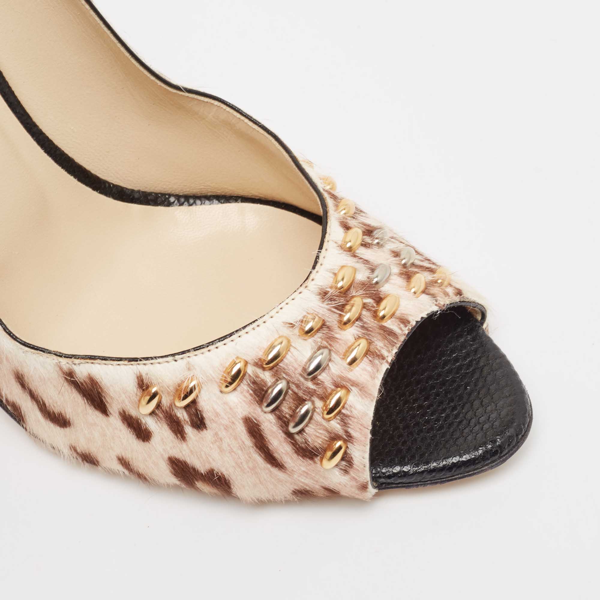 Jimmy Choo Tricolor Animal Print Calf Hair Studded Open Toe Pumps Size 39.5