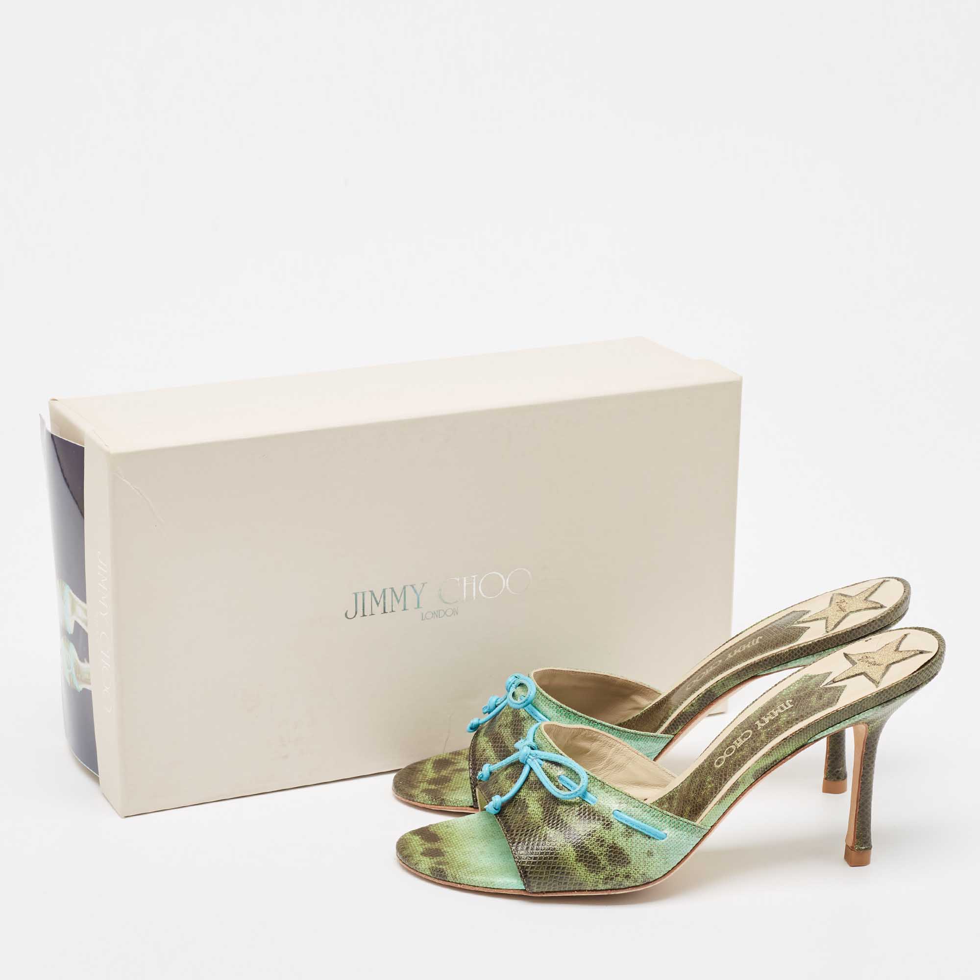 Jimmy Choo Vintage Green/Brown Karung Bow Mule Sandals Size 39