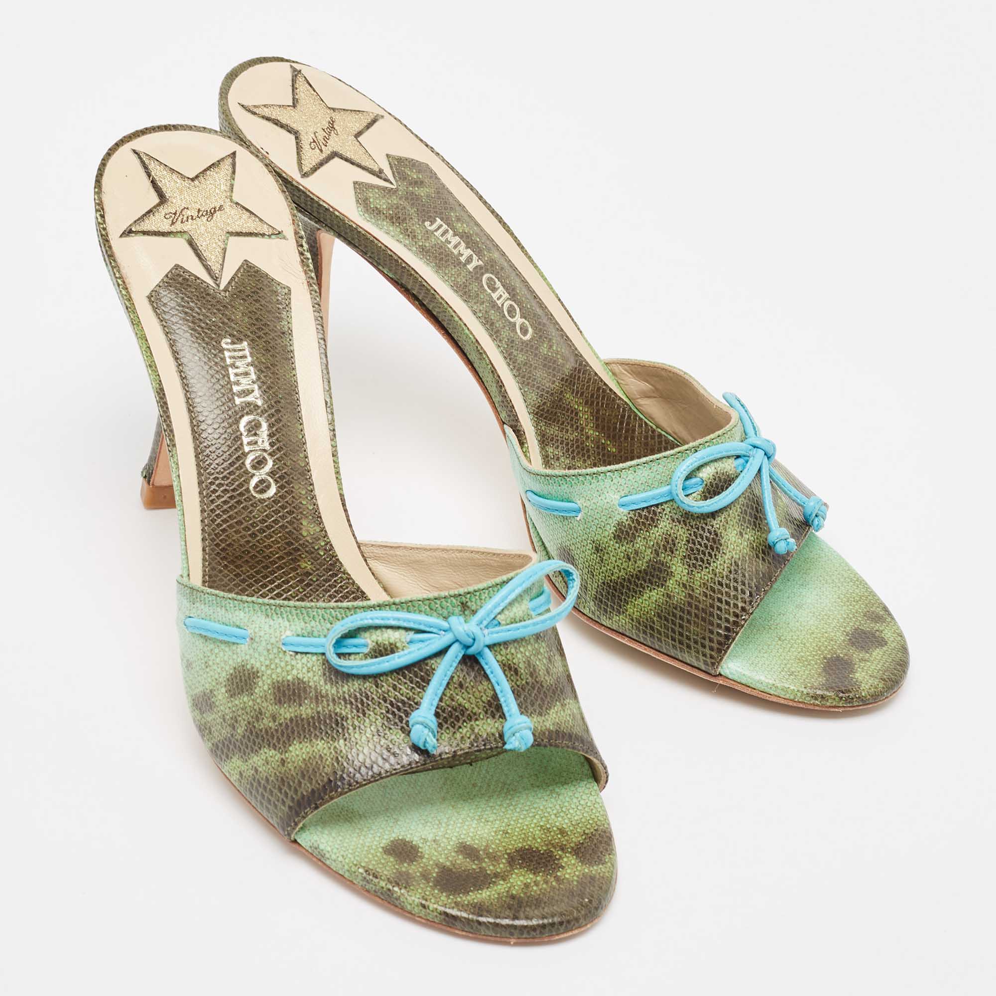 Jimmy Choo Vintage Green/Brown Karung Bow Mule Sandals Size 39