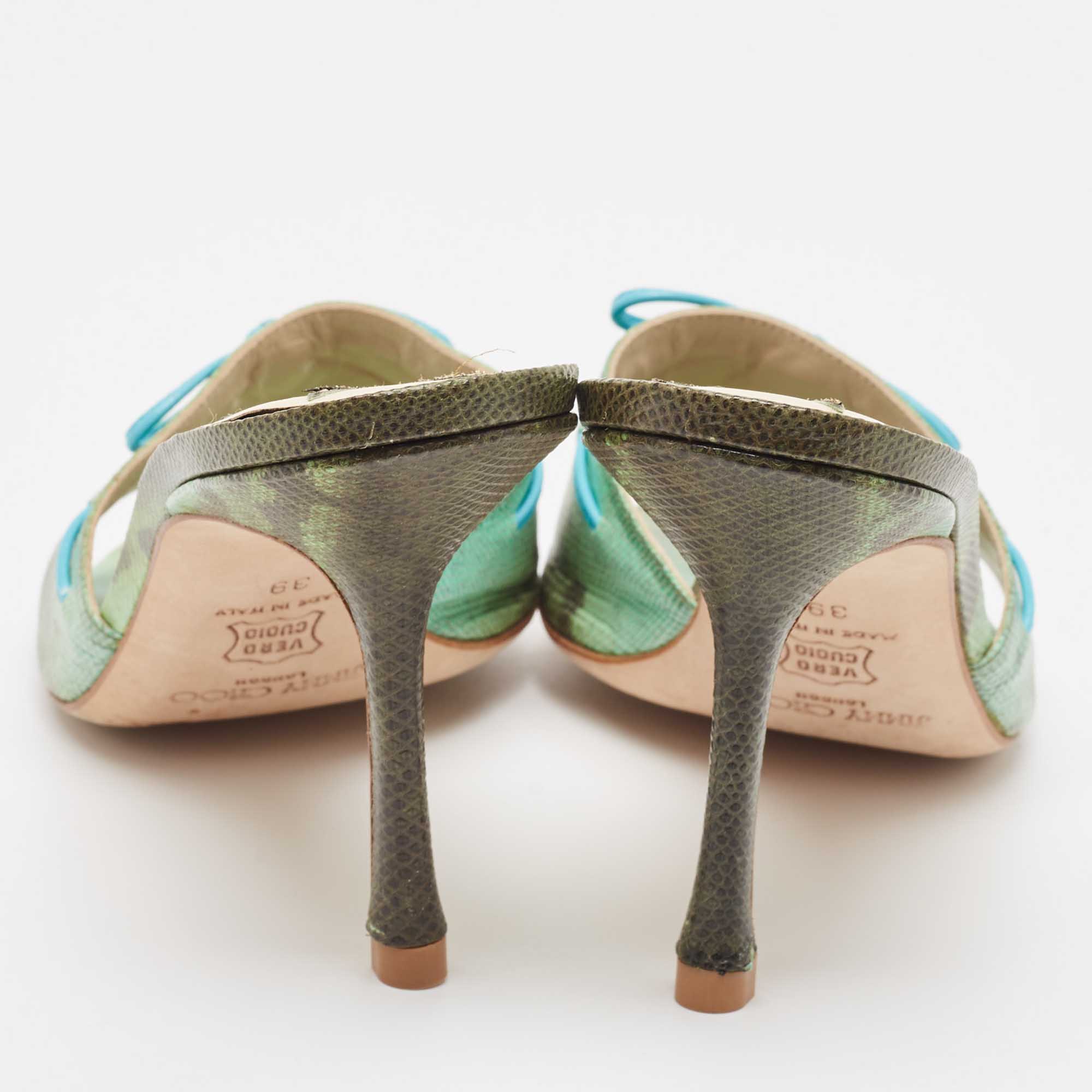 Jimmy Choo Vintage Green/Brown Karung Bow Mule Sandals Size 39