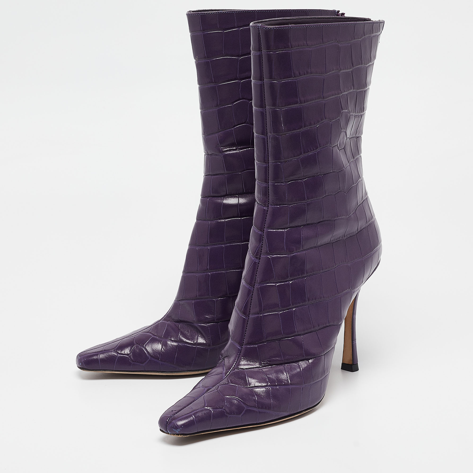 Jimmy Choo Purple Croc Embossed Leather Ankle Boots Size 39.5