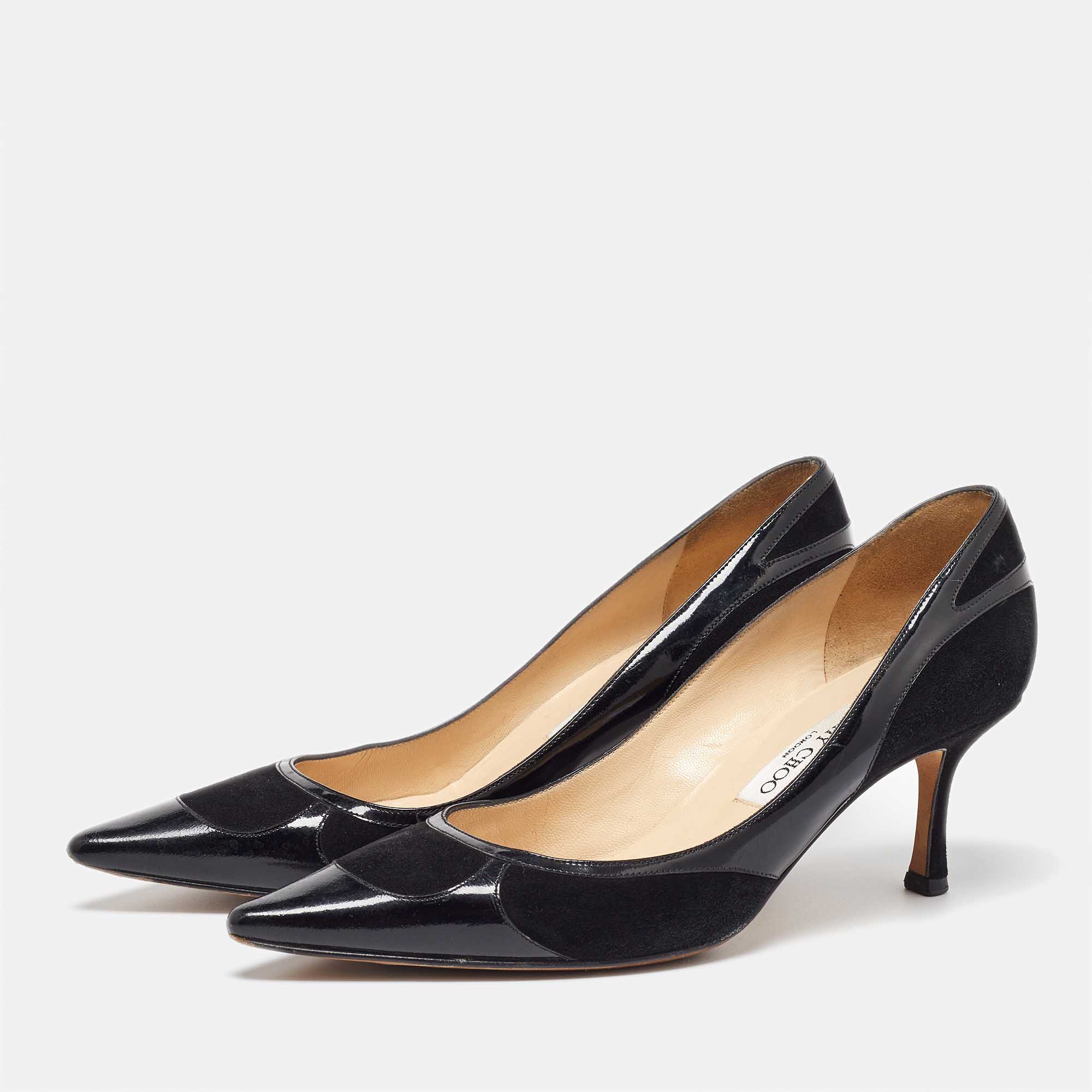 Jimmy Choo Black Suede And Patent Leather Pointed Toe Pumps Size 38.5