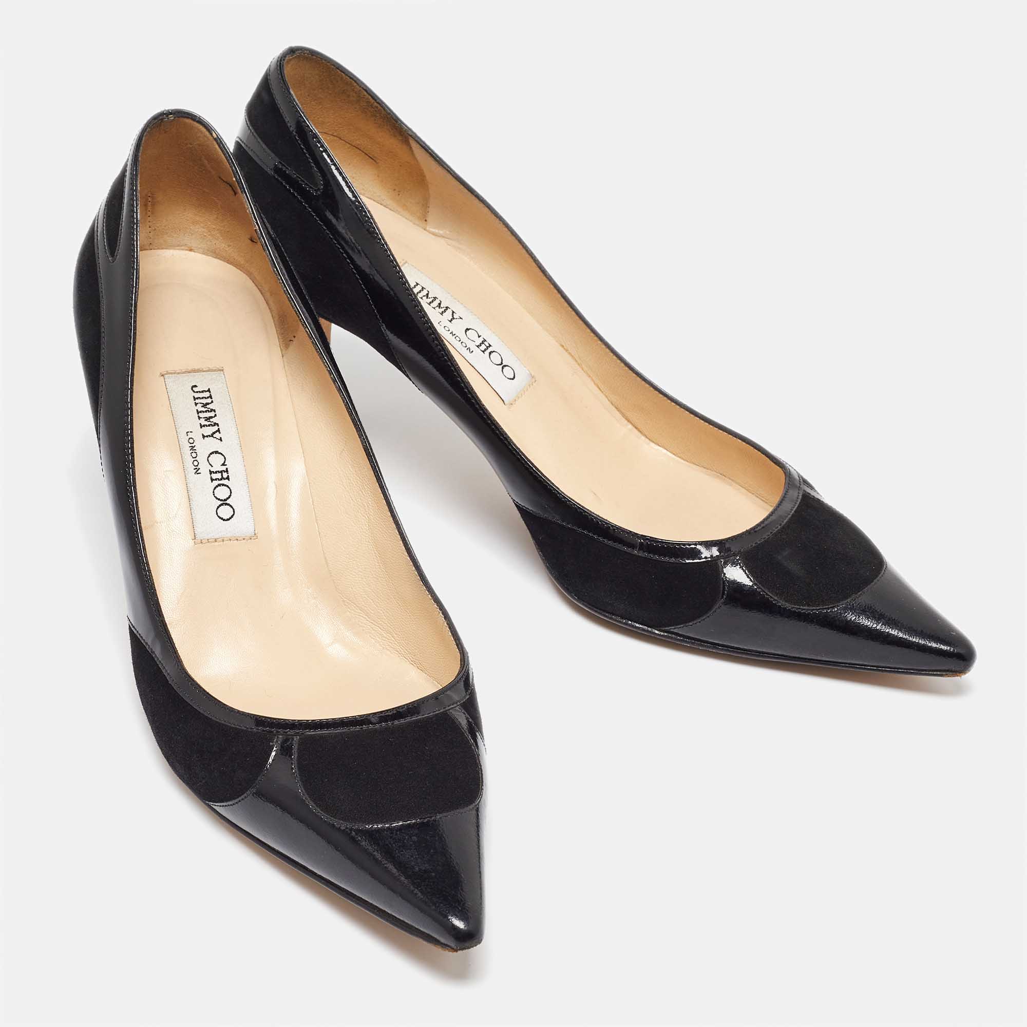 Jimmy Choo Black Suede And Patent Leather Pointed Toe Pumps Size 38.5