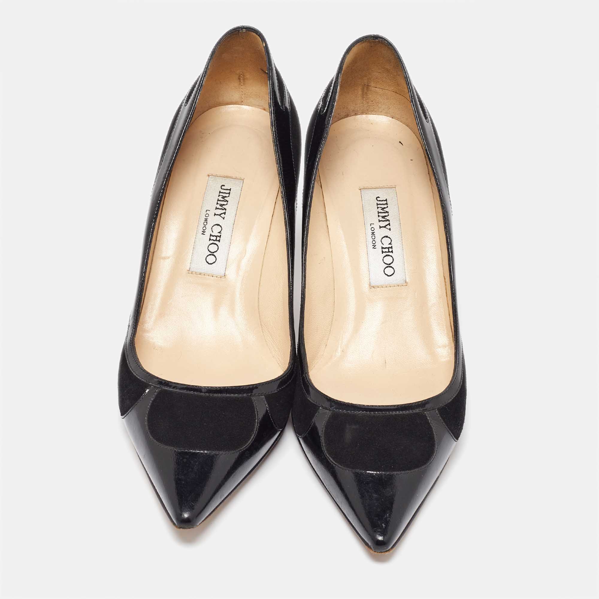 Jimmy Choo Black Suede And Patent Leather Pointed Toe Pumps Size 38.5