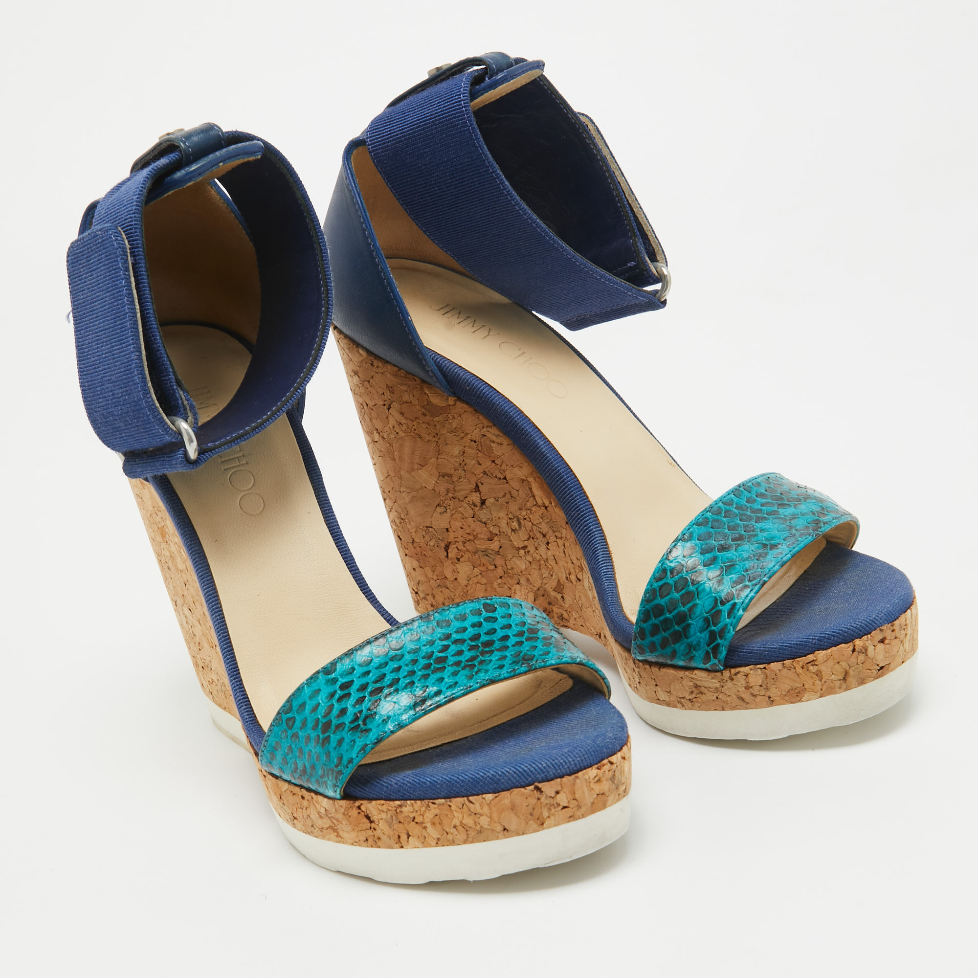 Jimmy Choo Blue Python And Leather Neston Platform Wedge Sandals Size 38