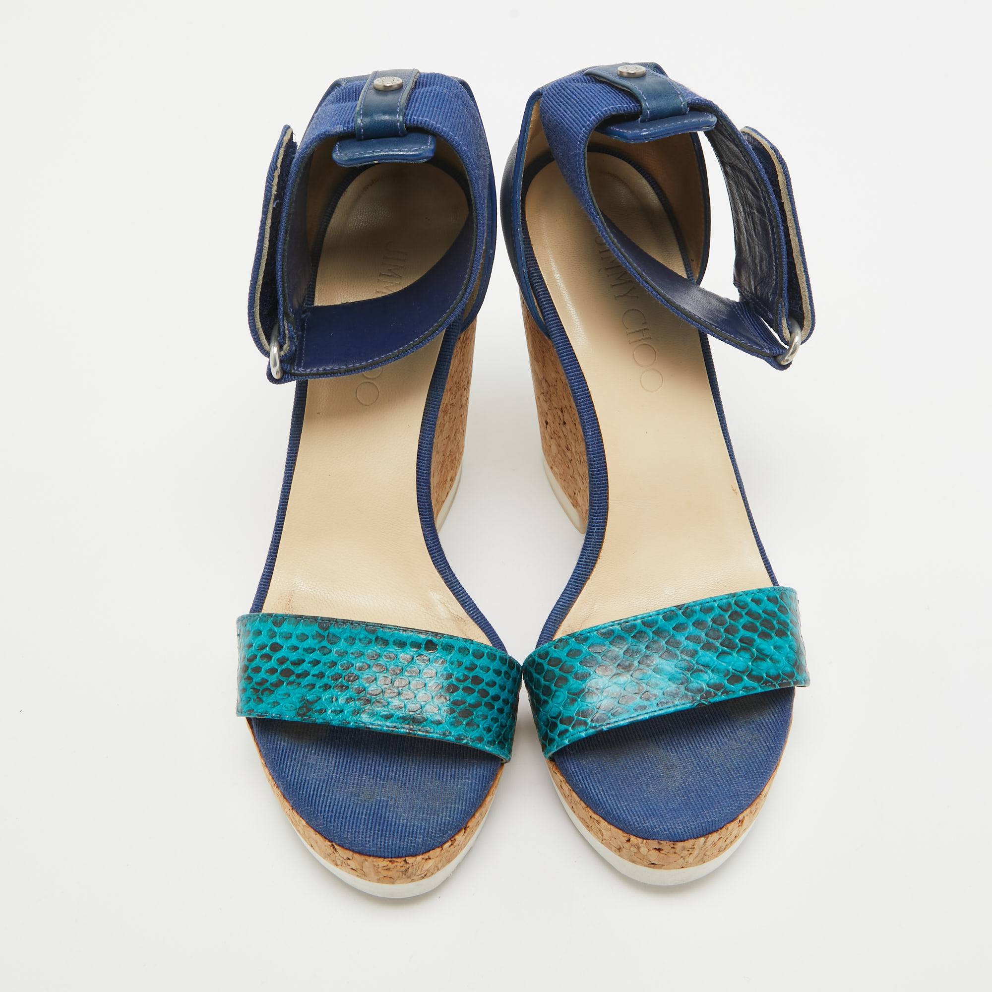 Jimmy Choo Blue Python And Leather Neston Platform Wedge Sandals Size 38