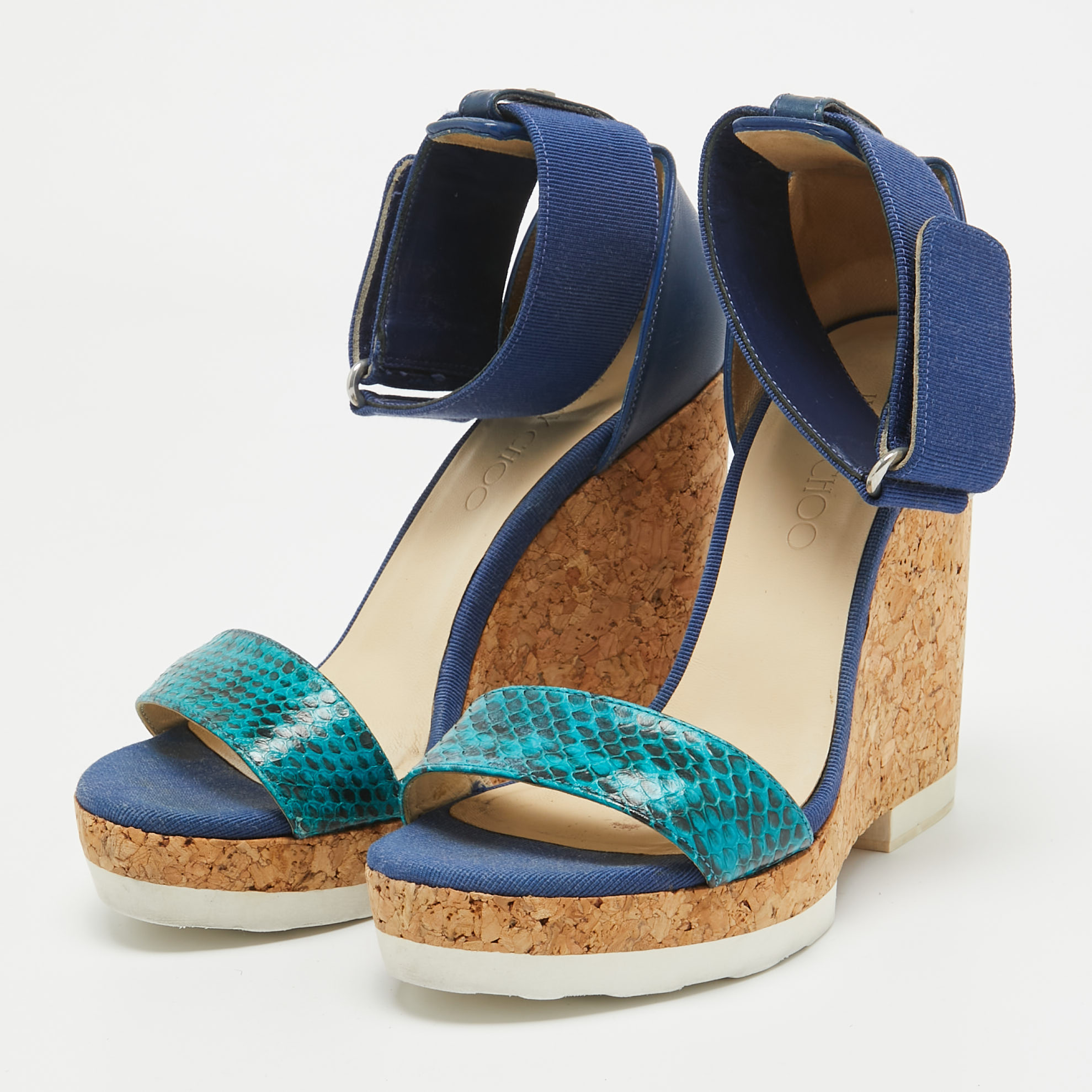 Jimmy Choo Blue Python And Leather Neston Platform Wedge Sandals Size 38