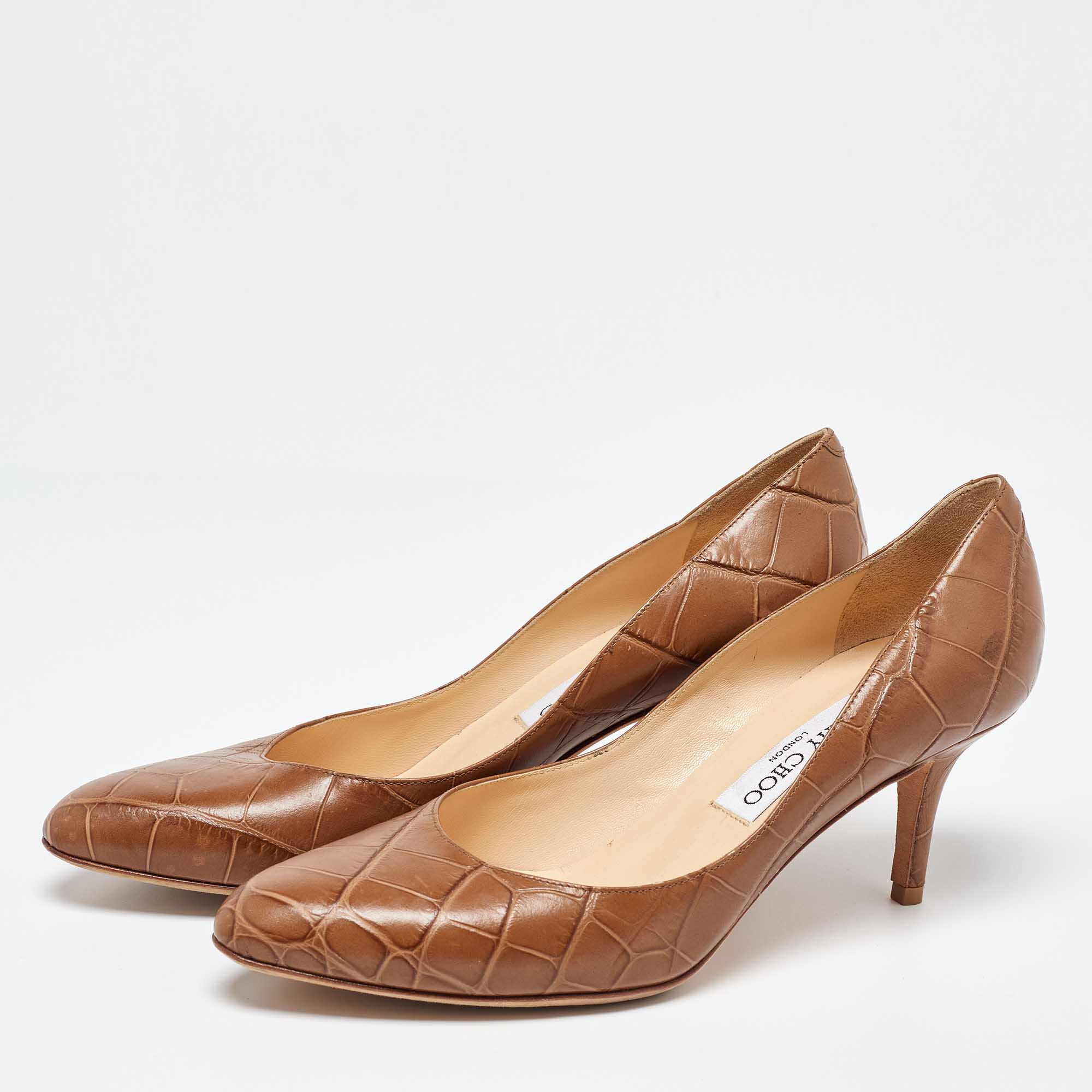 Jimmy Choo Brown Croc Embossed Leather Pumps Size 38.5