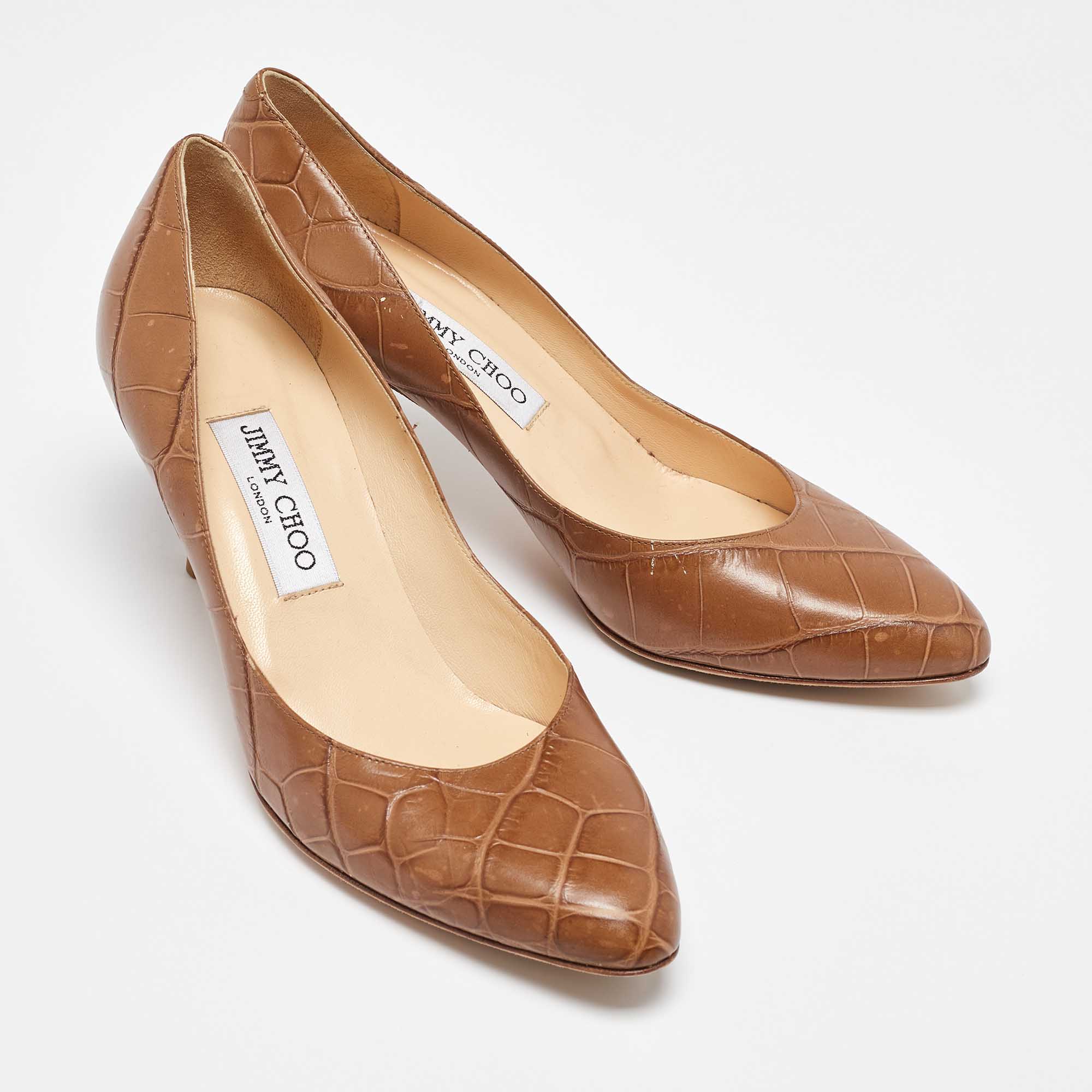 Jimmy Choo Brown Croc Embossed Leather Pumps Size 38.5