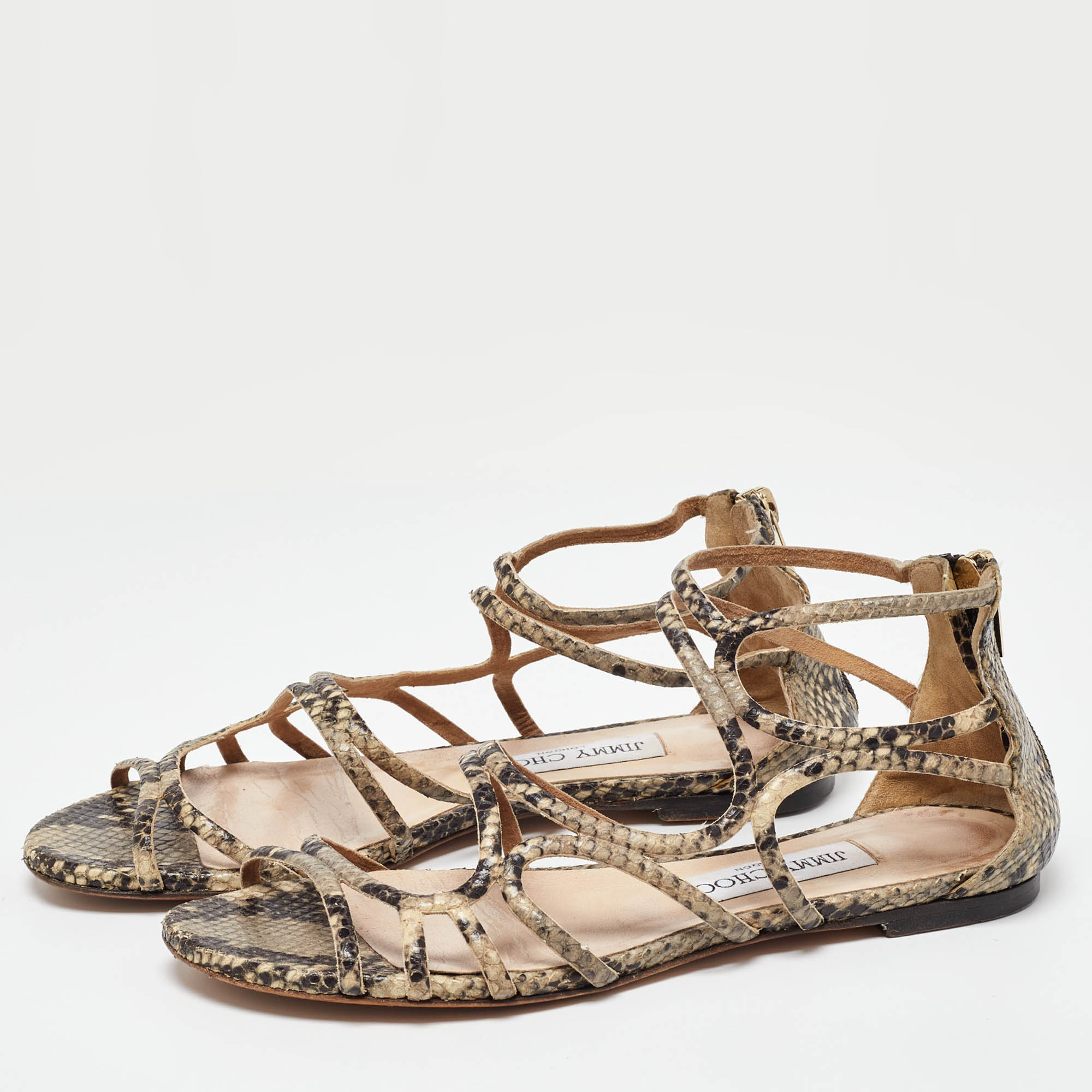 Jimmy Choo Brown/Beige Snakeskin Sutri Flat Sandals Size 37