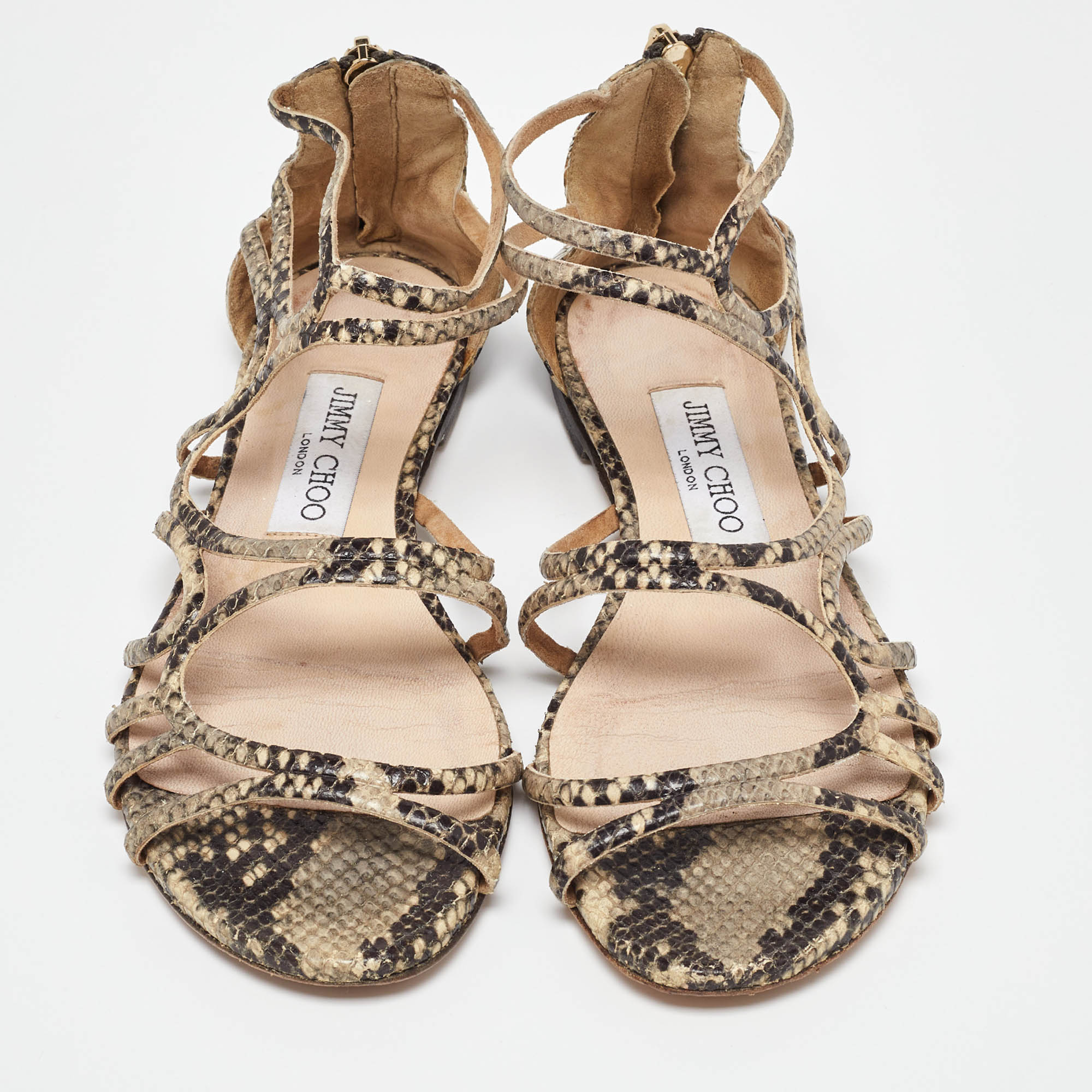 Jimmy Choo Brown/Beige Snakeskin Sutri Flat Sandals Size 37