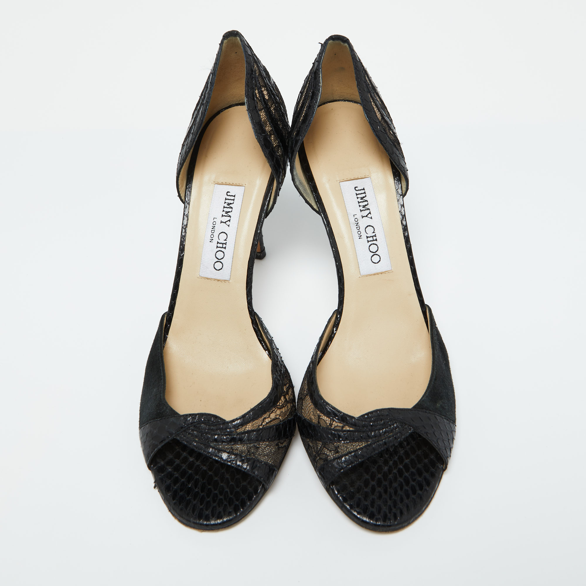 Jimmy Choo Black Lace, Suede And Watersnake Leather Pumps Size 38.5