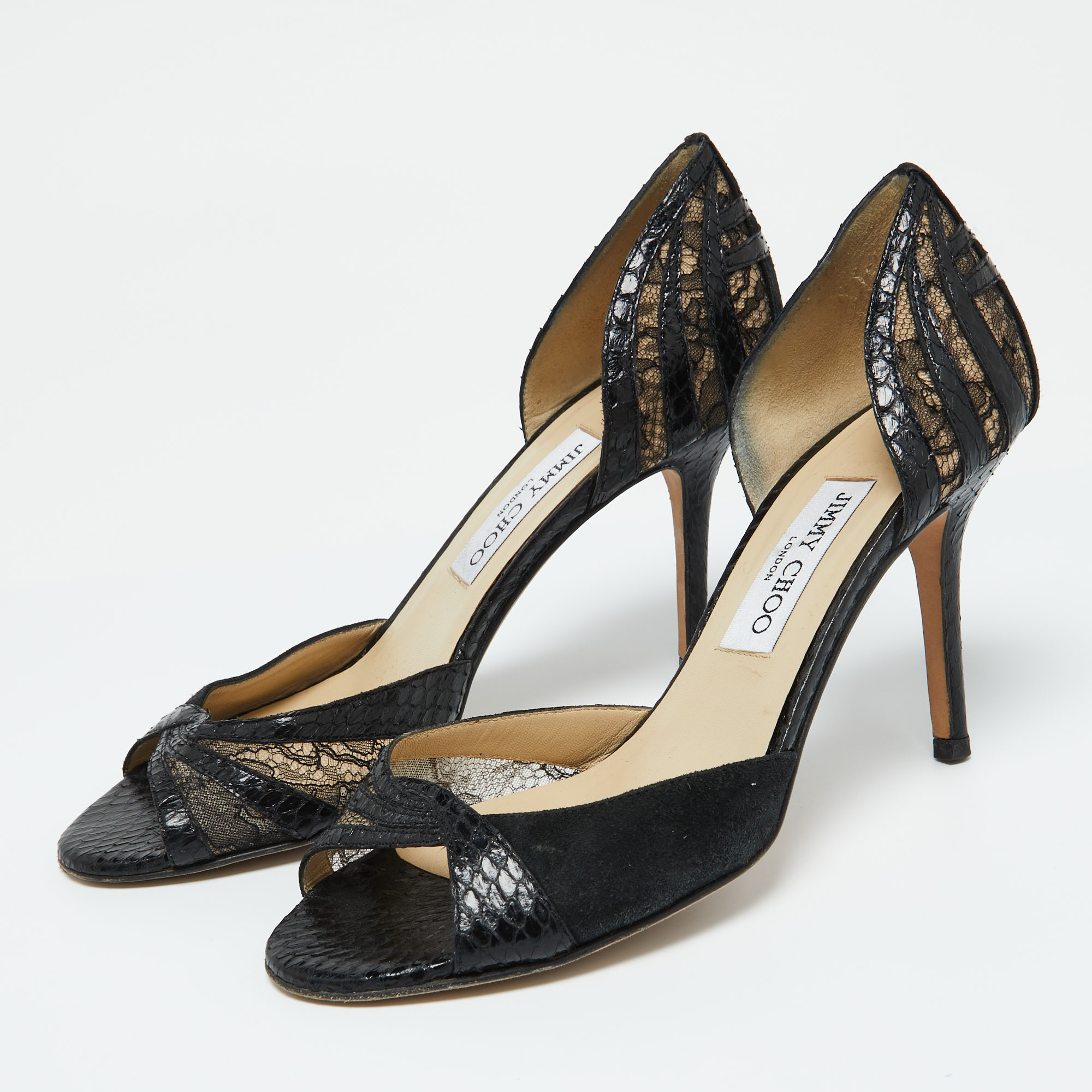 Jimmy Choo Black Lace, Suede And Watersnake Leather Pumps Size 38.5