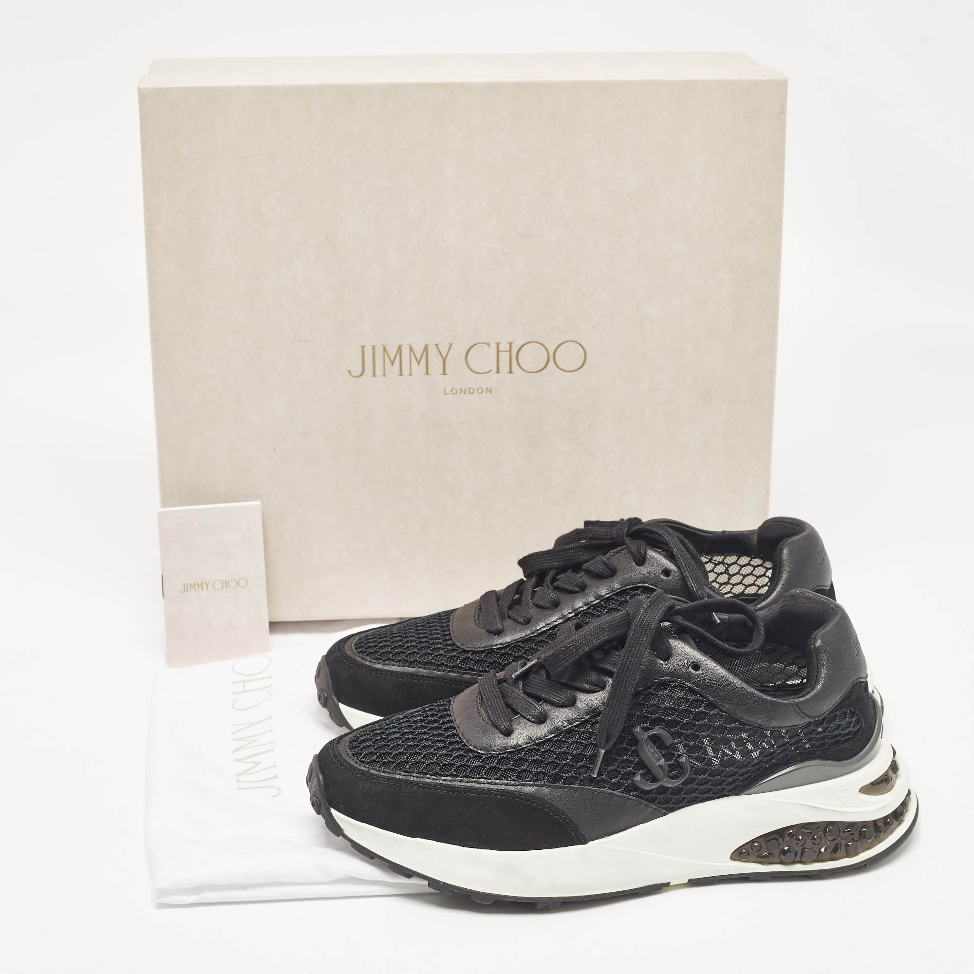 Jimmy Choo Black Mesh And Suede Memphis Lace Up Sneakers Size 38