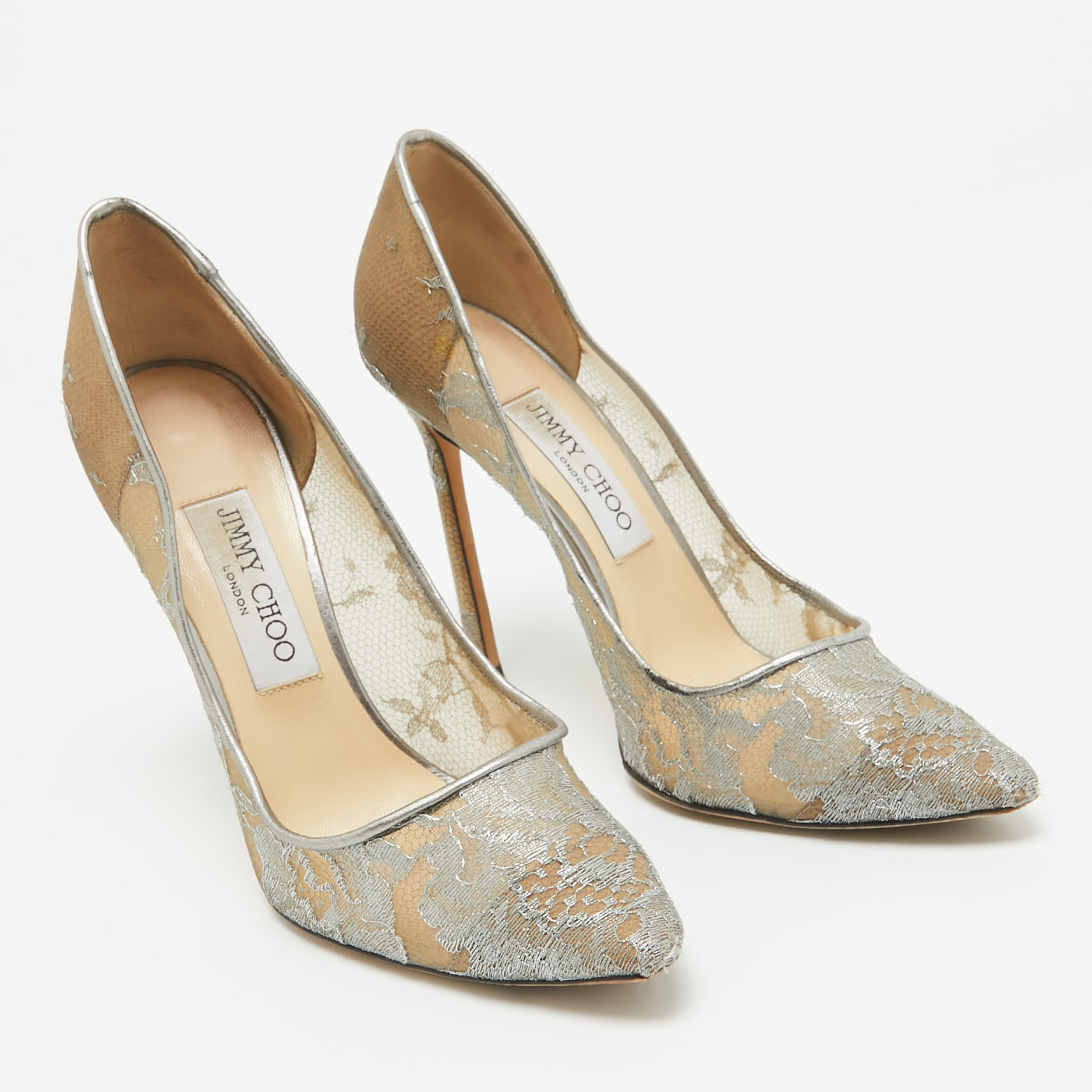 Jimmy Choo Metallic Grey Lace Romy Pumps Size 38