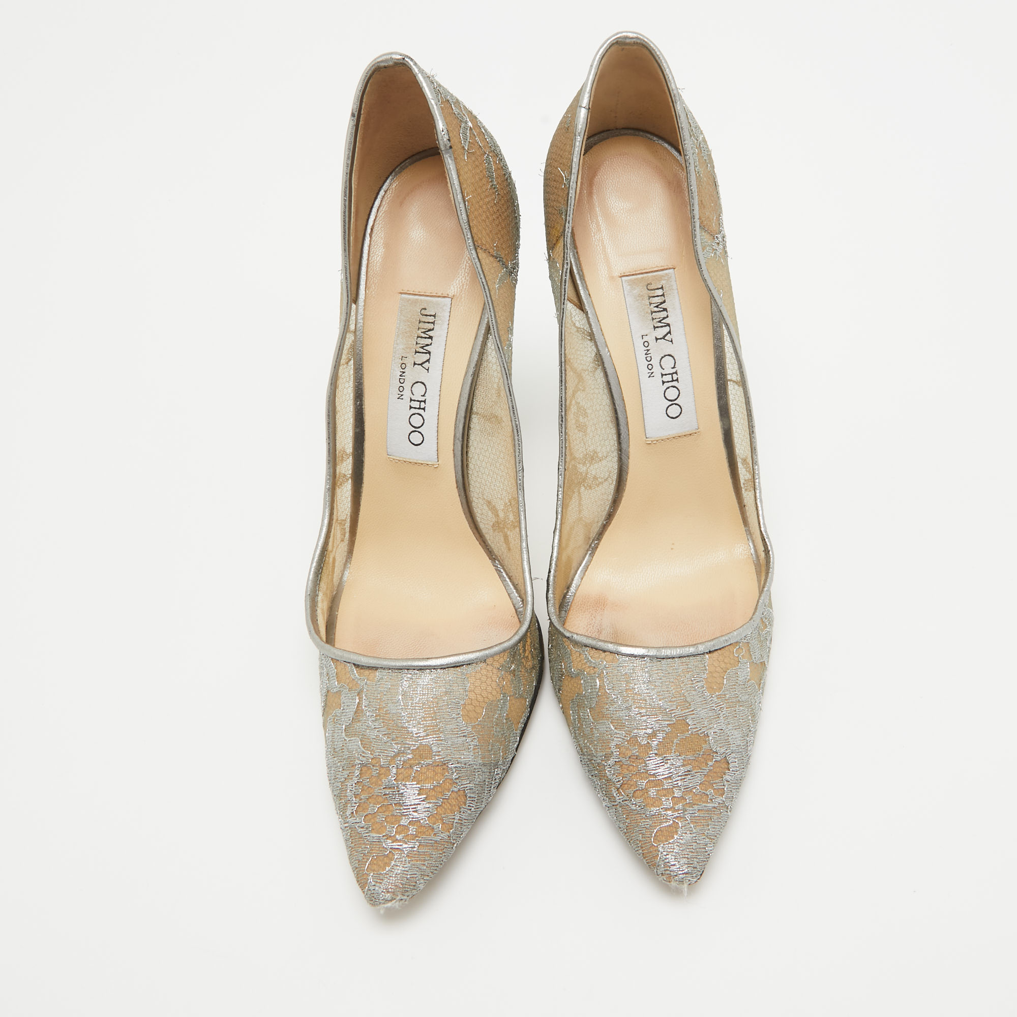 Jimmy Choo Metallic Grey Lace Romy Pumps Size 38