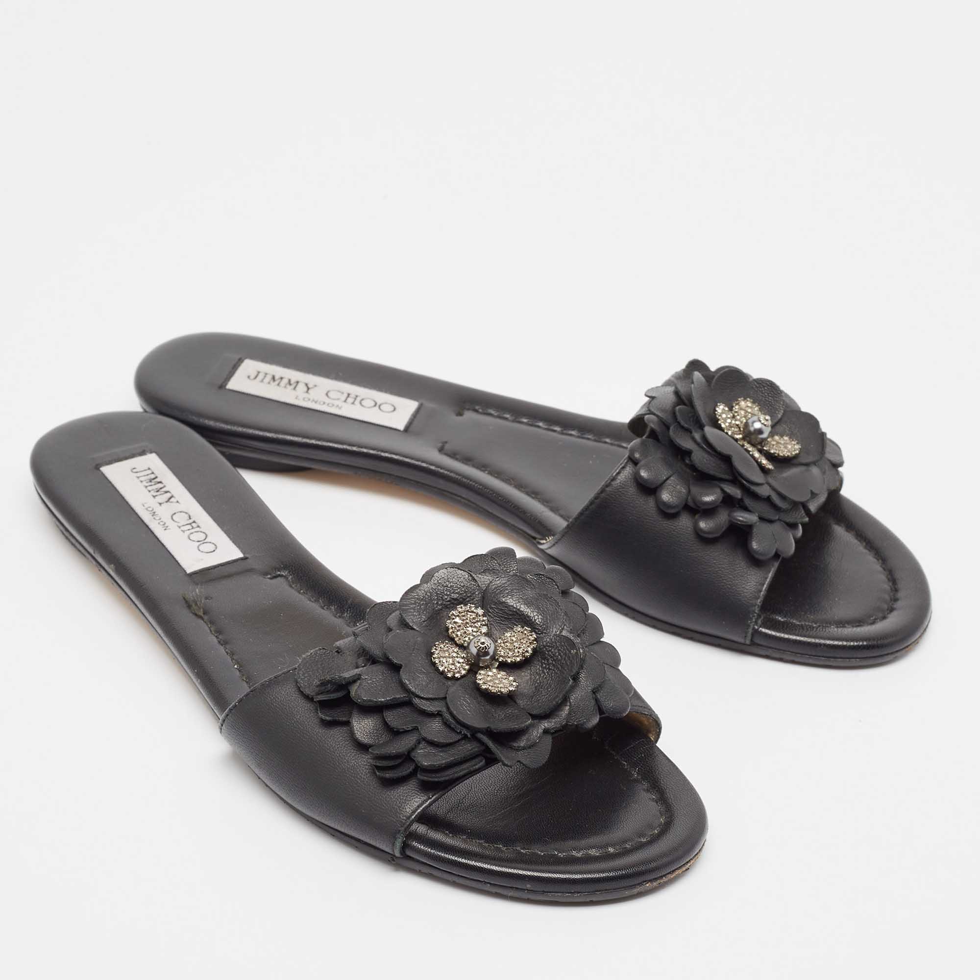 Jimmy Choo Black Leather Floral Appliqué Neave Flat Slides Size 38.5