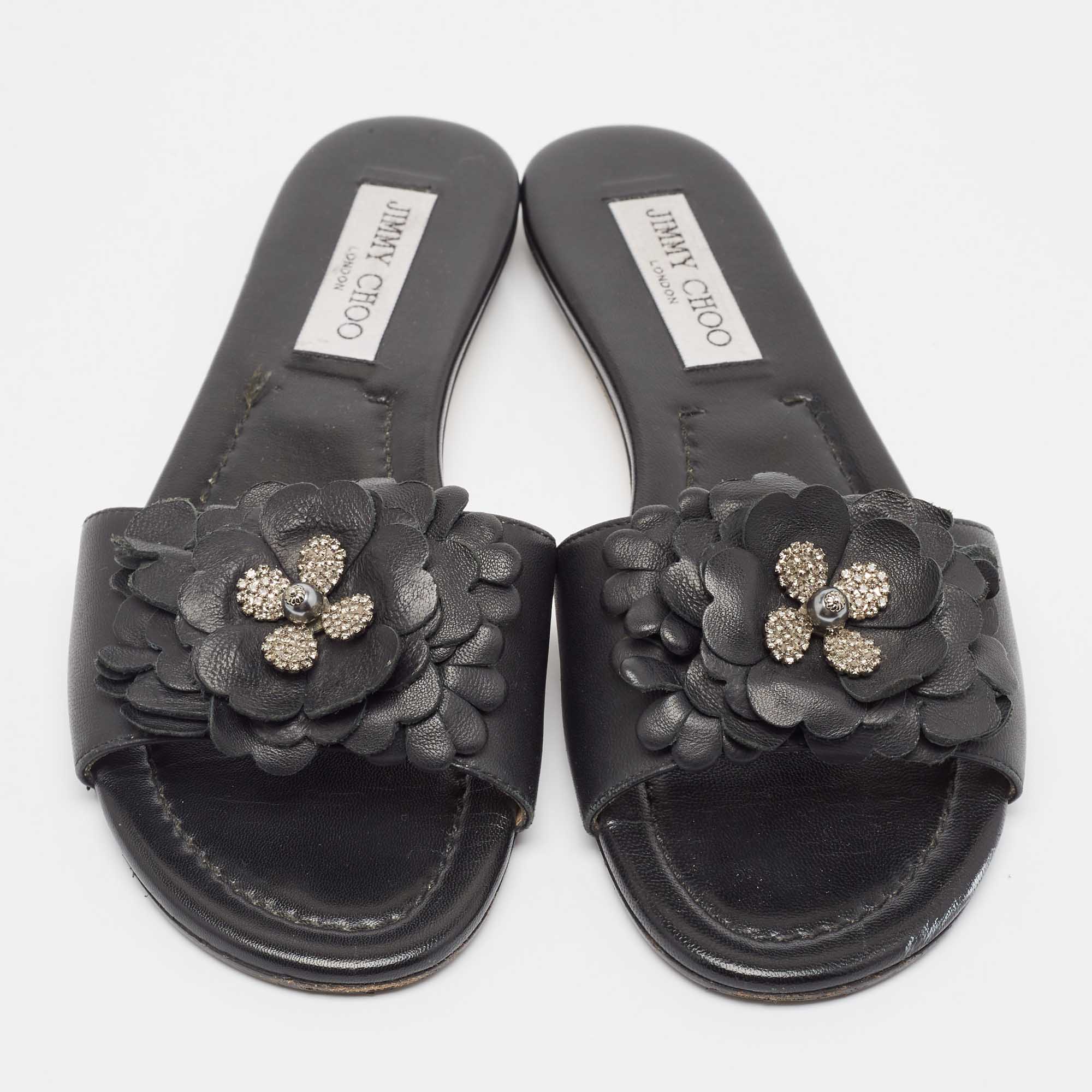 Jimmy Choo Black Leather Floral Appliqué Neave Flat Slides Size 38.5