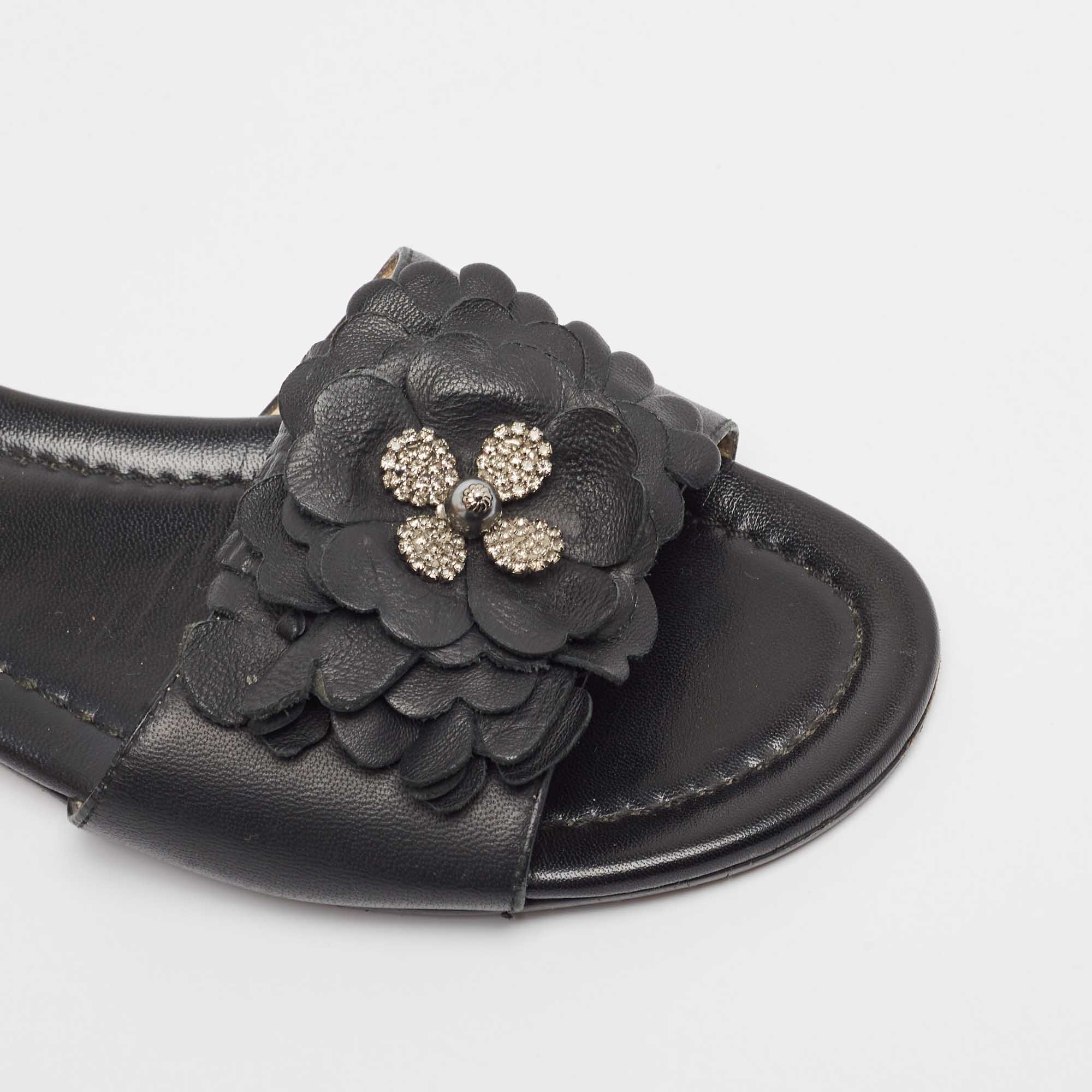 Jimmy Choo Black Leather Floral Appliqué Neave Flat Slides Size 38.5