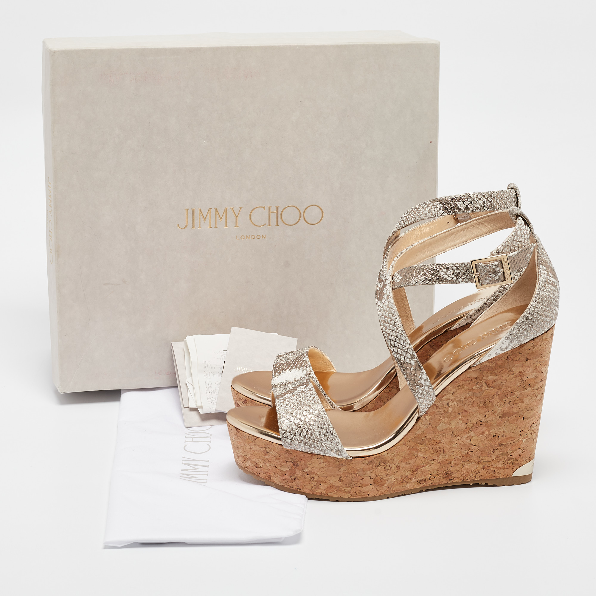 Jimmy Choo Gold Snakeskin Embossed Leather Portia Wedge Sandals Size 40.5