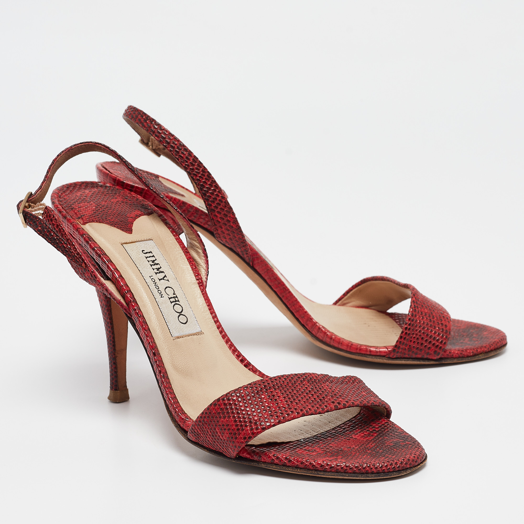 Jimmy Choo Red/Black Embossed Lizard Slingback Sandals Size 38.5