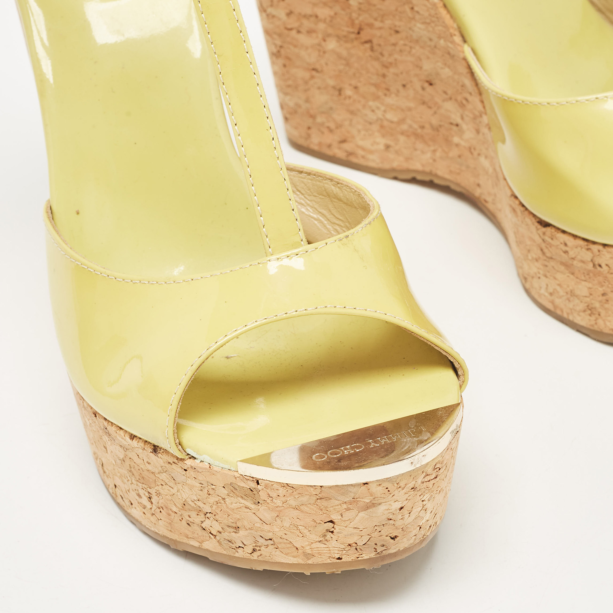 Jimmy Choo Light Green Patent Leather Pania Cork Wedge Sandals Size 39.5