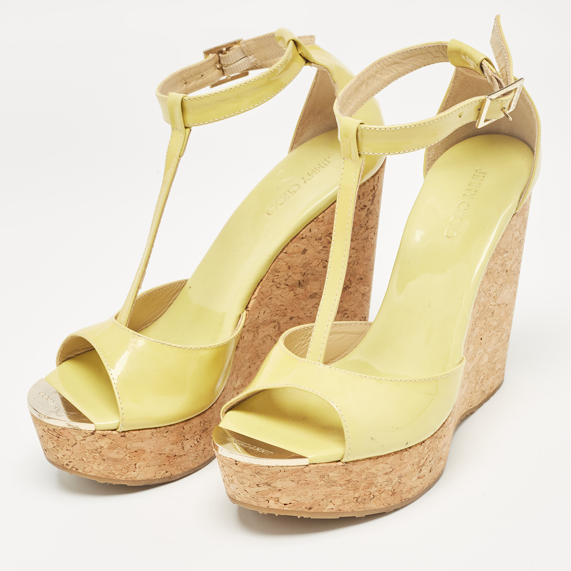 Jimmy Choo Light Green Patent Leather Pania Cork Wedge Sandals Size 39.5