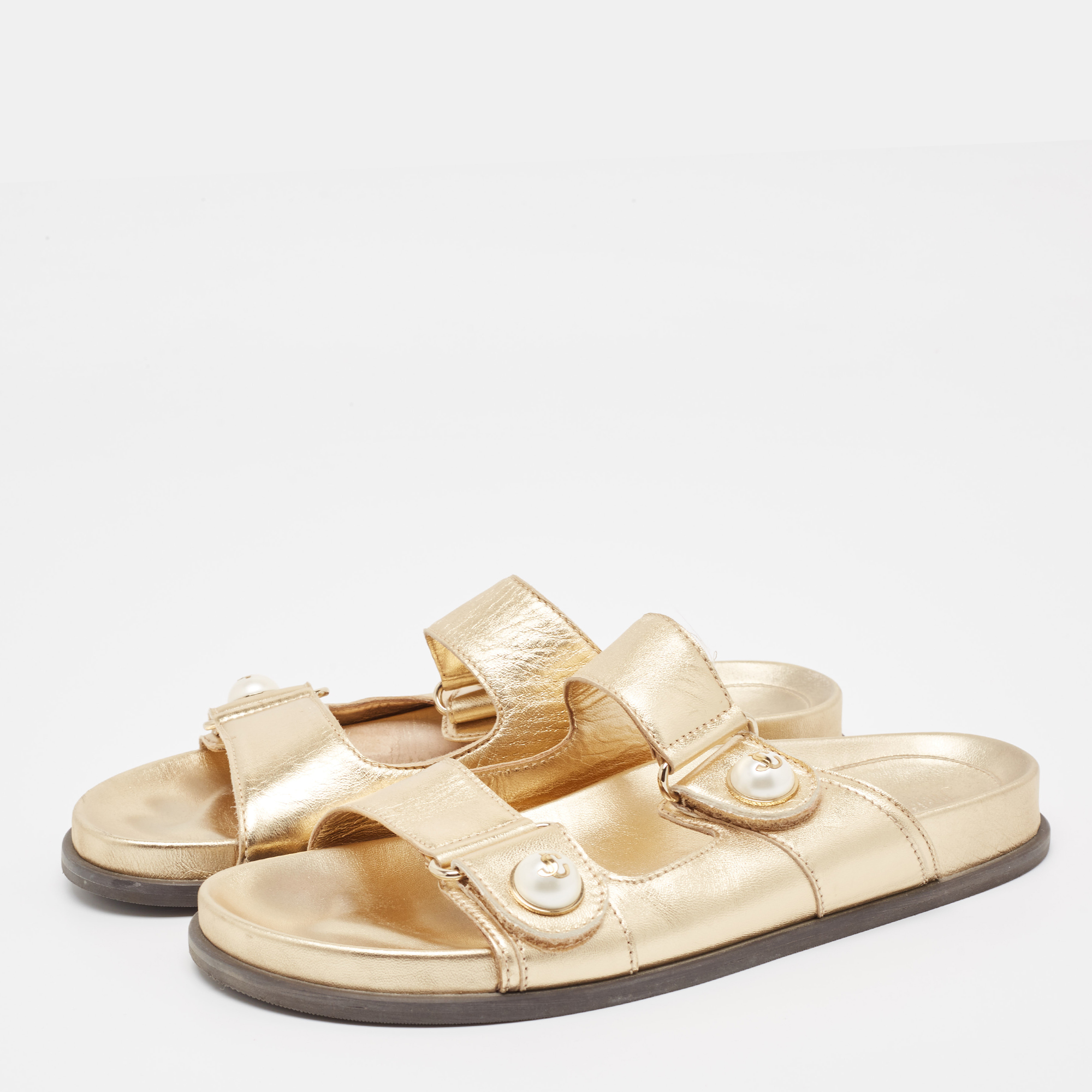 Jimmy Choo Metallic Gold Leather Flat Slides Size 38