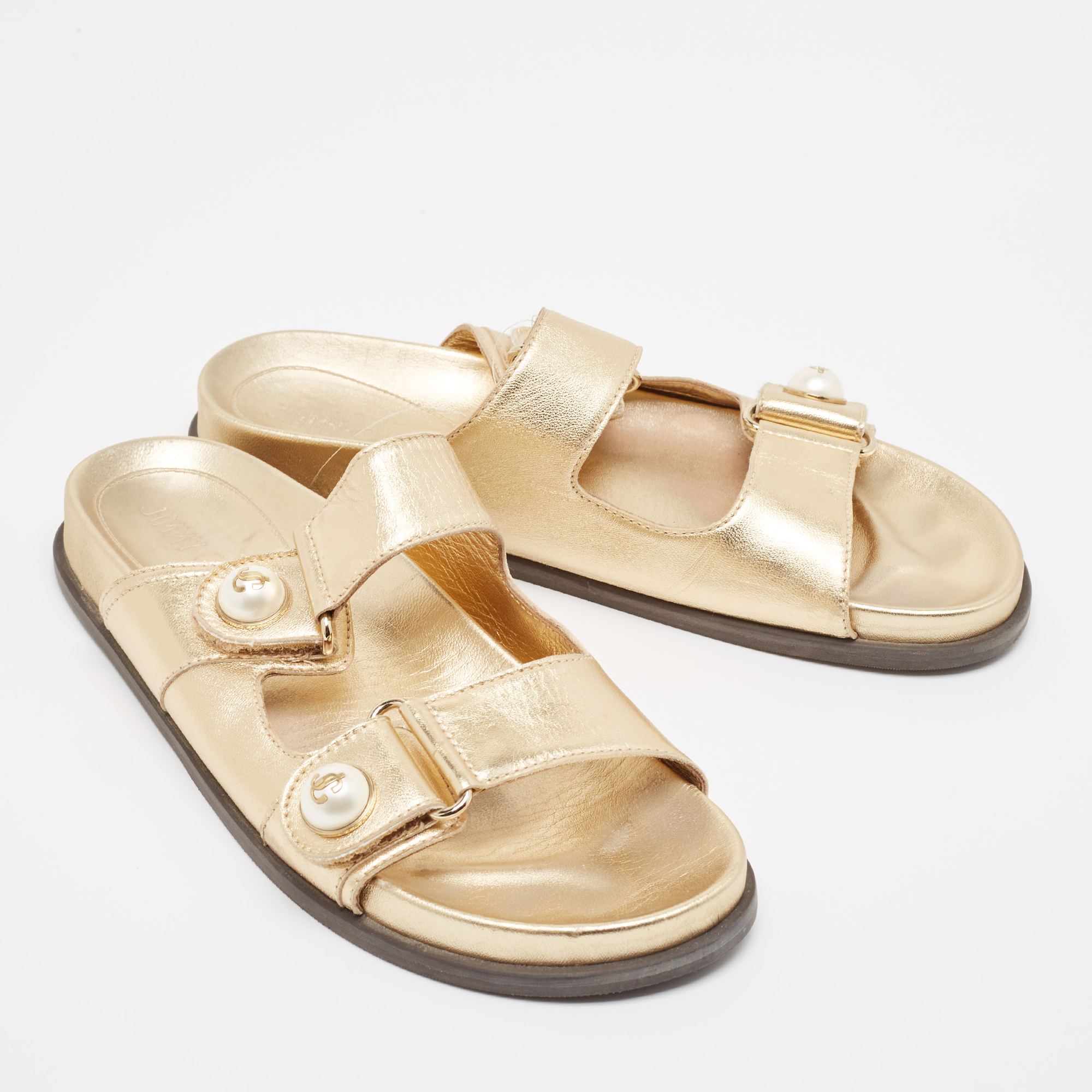 Jimmy Choo Metallic Gold Leather Flat Slides Size 38