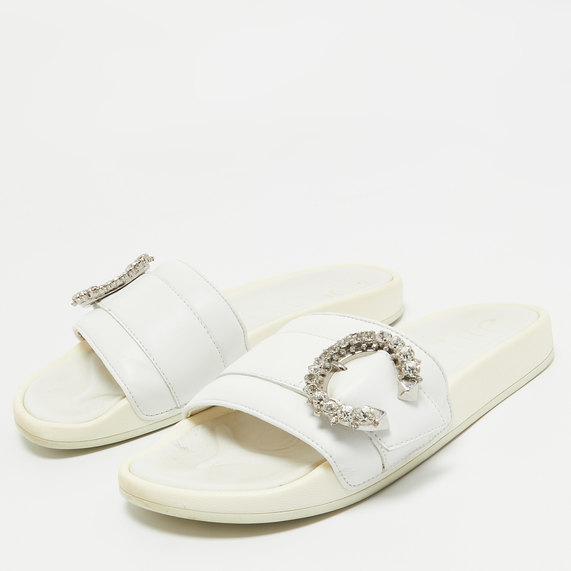 Jimmy Choo White Leather Crystal Embellished Flat Slides Size 39