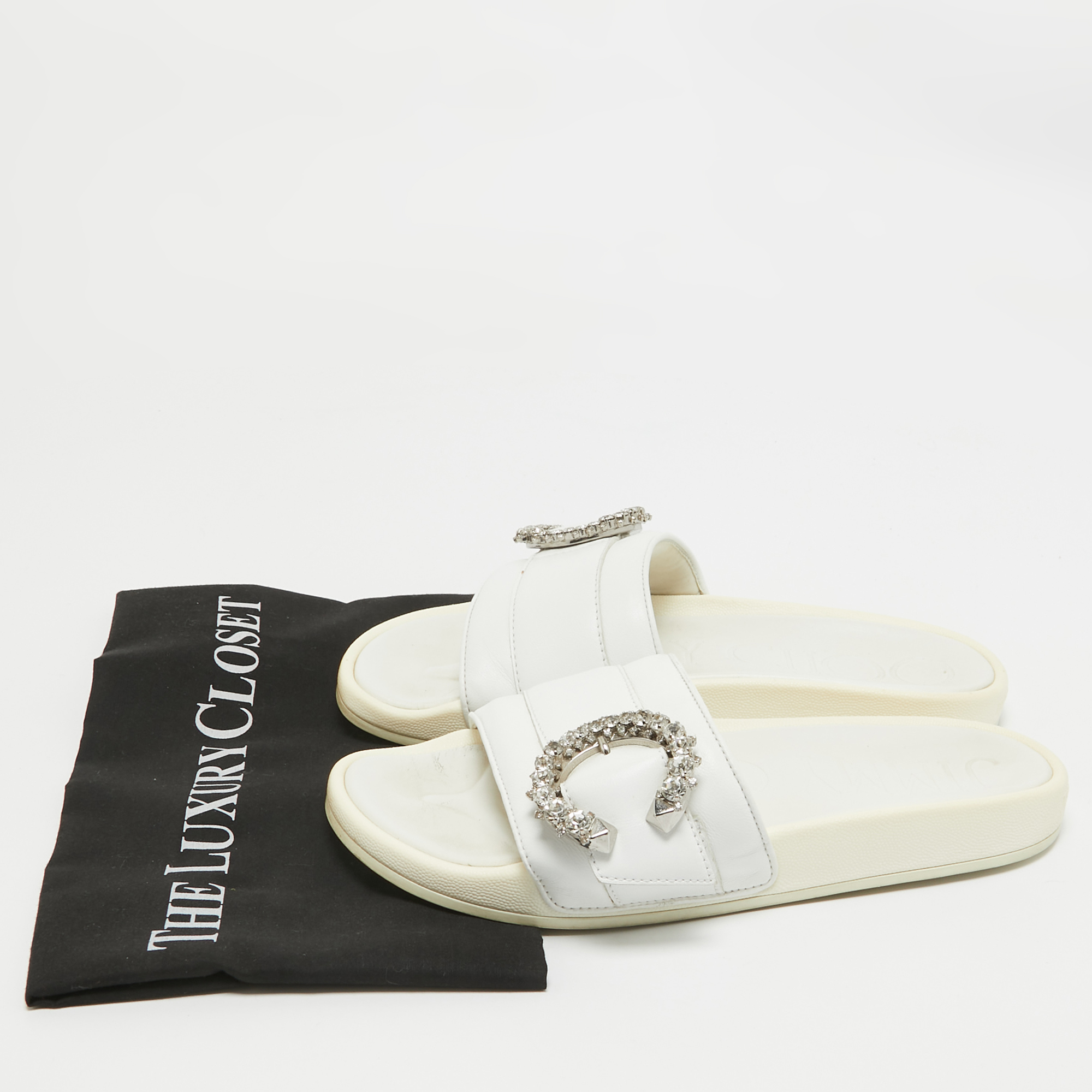 Jimmy Choo White Leather Crystal Embellished Flat Slides Size 39