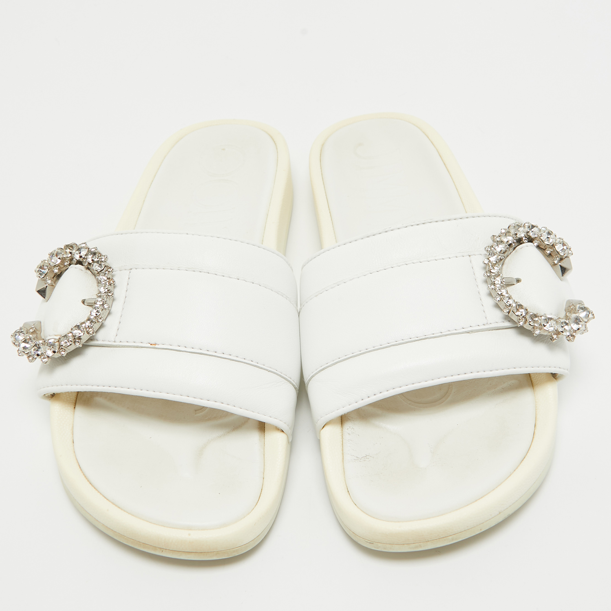 Jimmy Choo White Leather Crystal Embellished Flat Slides Size 39