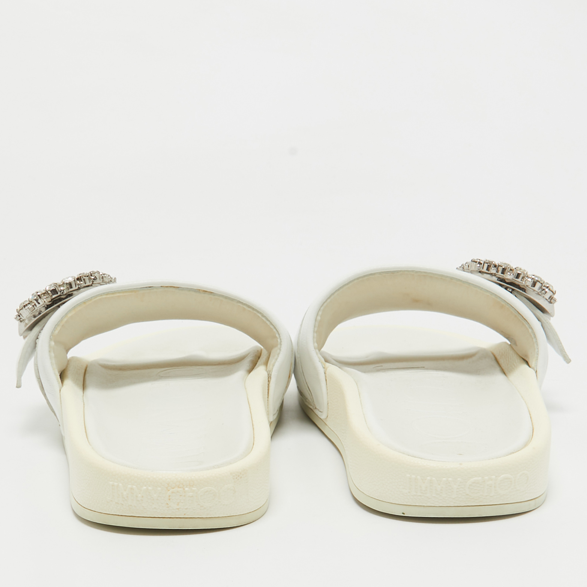 Jimmy Choo White Leather Crystal Embellished Flat Slides Size 39