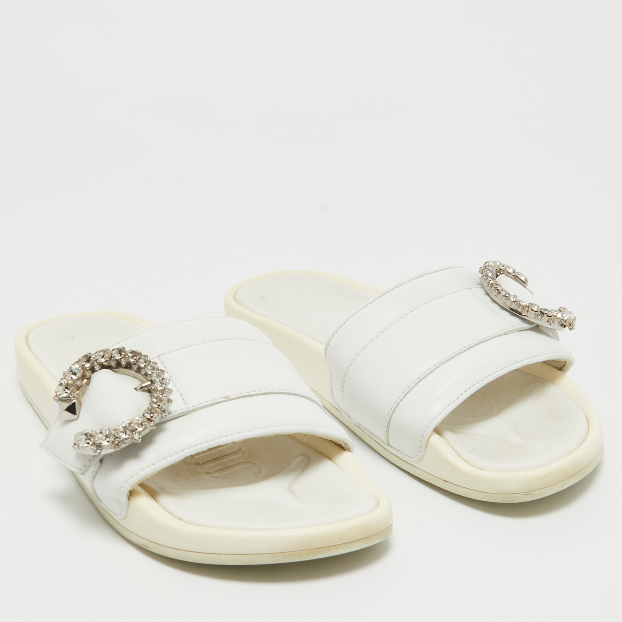 Jimmy Choo White Leather Crystal Embellished Flat Slides Size 39